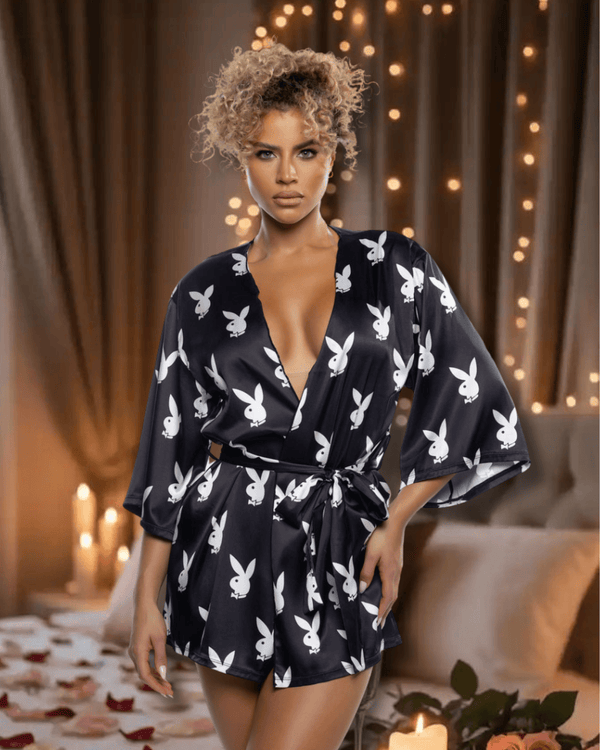 Roma Black / One Size Black Playboy Bunny Chill Bell Sleeve Robe Lounge Lingerie (Plus Size Available) PBLI196-BLK/WHT-OS Black Playboy Bunny Chill Bell Sleeve Robe Lounge Lingerie Apparel & Accessories > Clothing > Underwear & Socks > Lingerie
