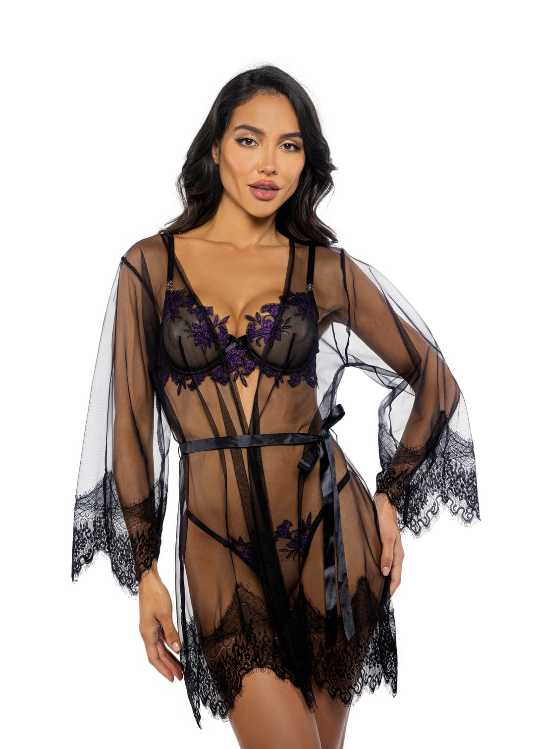 Roma Black / One Size Black Scalloped Eyelash Lace &amp; Mesh Long Sleeve Mini Robe Lingerie LI767-Blk-O/S 2024 Sexy Black Eyelash Lace &amp; Mesh Satin Mini Robe Lingerie Apparel &amp; Accessories &gt; Clothing &gt; Underwear &amp; Socks &gt; Lingerie