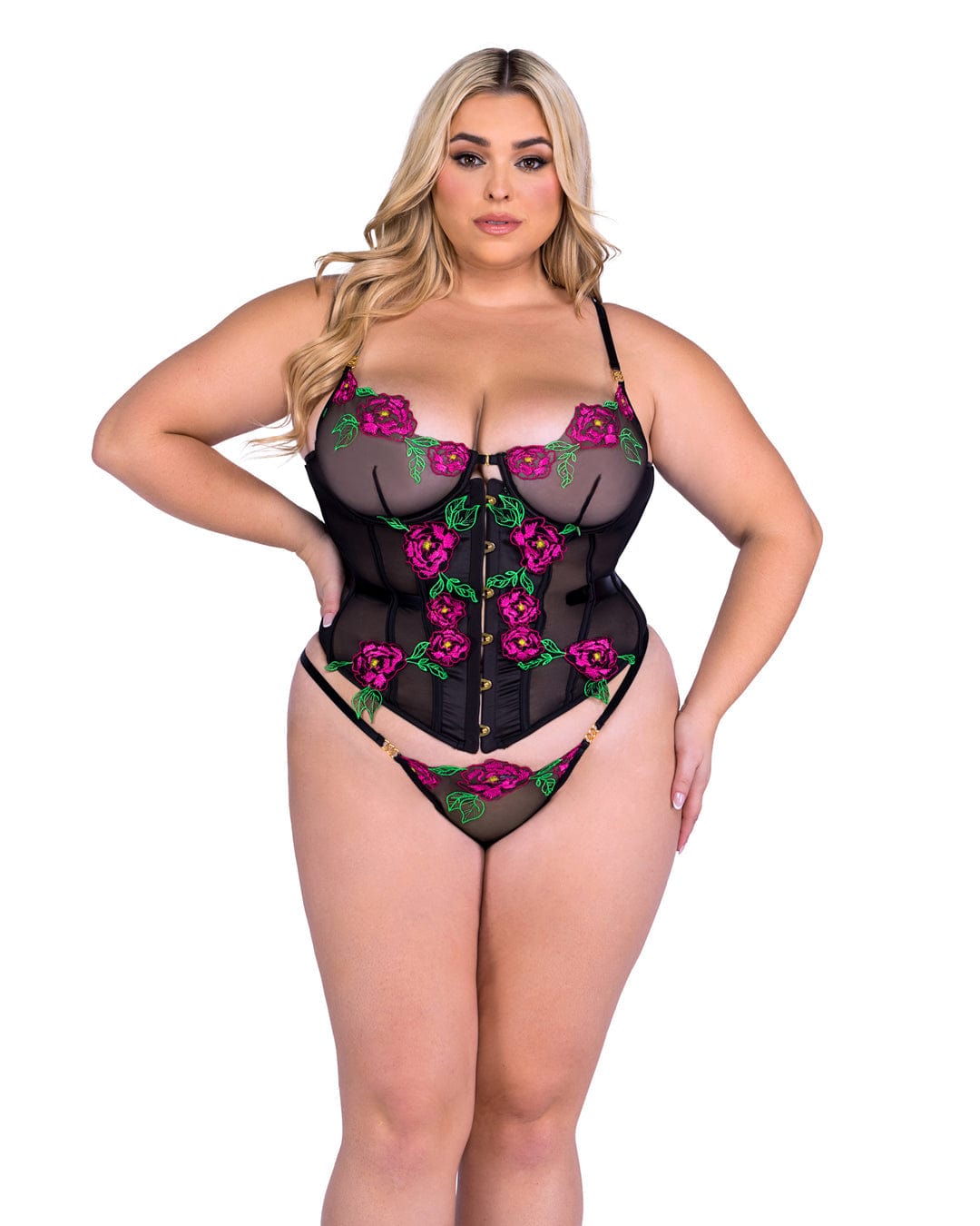 Sexy Black Peony Lace Satin Corset & Thong Panty Lingerie Sexy Black Peony Lace Satin Corset & Thong Panty Lingerie