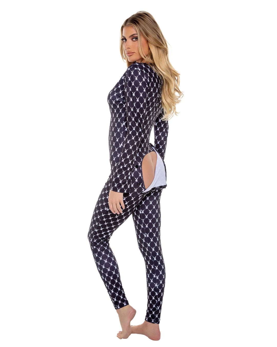 Roma Black Playboy Bunny Diamond Print Open Butt Flap Jumpsuit (Plus Size Available) 2024 Sexy Black Playboy Bunny Print Rear Burn Flap Jumpsuit Lingerie Apparel &amp; Accessories &gt; Clothing &gt; Underwear &amp; Socks &gt; Lingerie