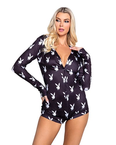 Roma Black Playboy Bunny Print Slumber Romper (Plus Size Available) 2024 Sexy Playboy Nude Sheer Mesh Underwire Thong Teddy Lingerie  Apparel &amp; Accessories &gt; Clothing &gt; Underwear &amp; Socks &gt; Lingerie