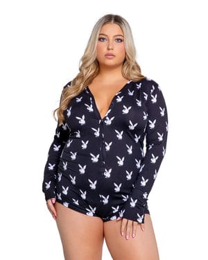 Roma Black Playboy Bunny Print Slumber Romper (Plus Size Available) 2024 Sexy Playboy Nude Sheer Mesh Underwire Thong Teddy Lingerie  Apparel &amp; Accessories &gt; Clothing &gt; Underwear &amp; Socks &gt; Lingerie