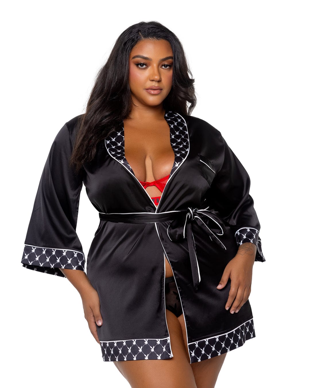 Roma Black / Queen Playboy Bunny Black Smoke Lounge Robe Lingerie (Plus Size Available) PBLI150Q-Blk/Wht-Q 2024 Sexy Playboy Bunny Black Smoke Lounge Robe Lingerie Apparel &amp; Accessories &gt; Clothing &gt; Underwear &amp; Socks &gt; Lingerie