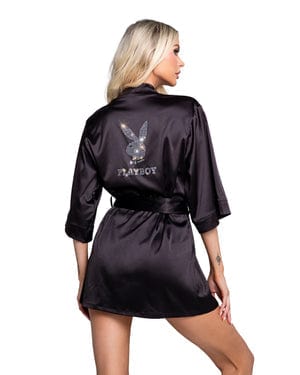 Roma Black Satin Playboy Sparkling Bunny Robe Lingerie (Plus Size Available) 2023 Sexy Satin White Forever Yours Robe Lingerie Apparel &amp; Accessories &gt; Clothing &gt; Underwear &amp; Socks &gt; Lingerie