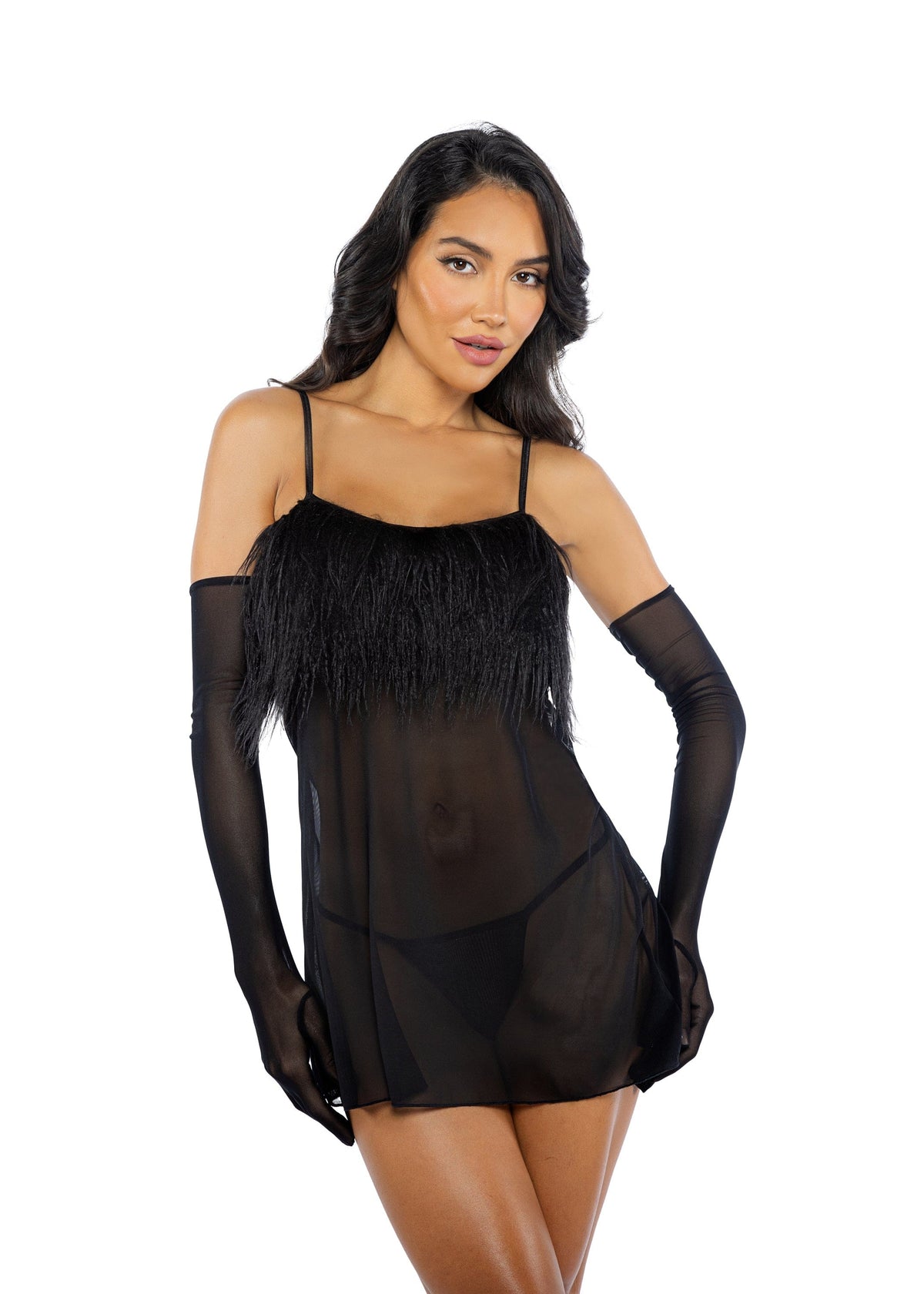 Roma Black / Small 2 Pc Black Faux Feather &amp; Sheer Mesh Loose Babydoll &amp; Thong Panty Lingerie LI773-Blk-S 2024 Sexy Black Feather &amp; Sheer Babydoll &amp; Thong Panty Lingerie Apparel &amp; Accessories &gt; Clothing &gt; Underwear &amp; Socks &gt; Lingerie