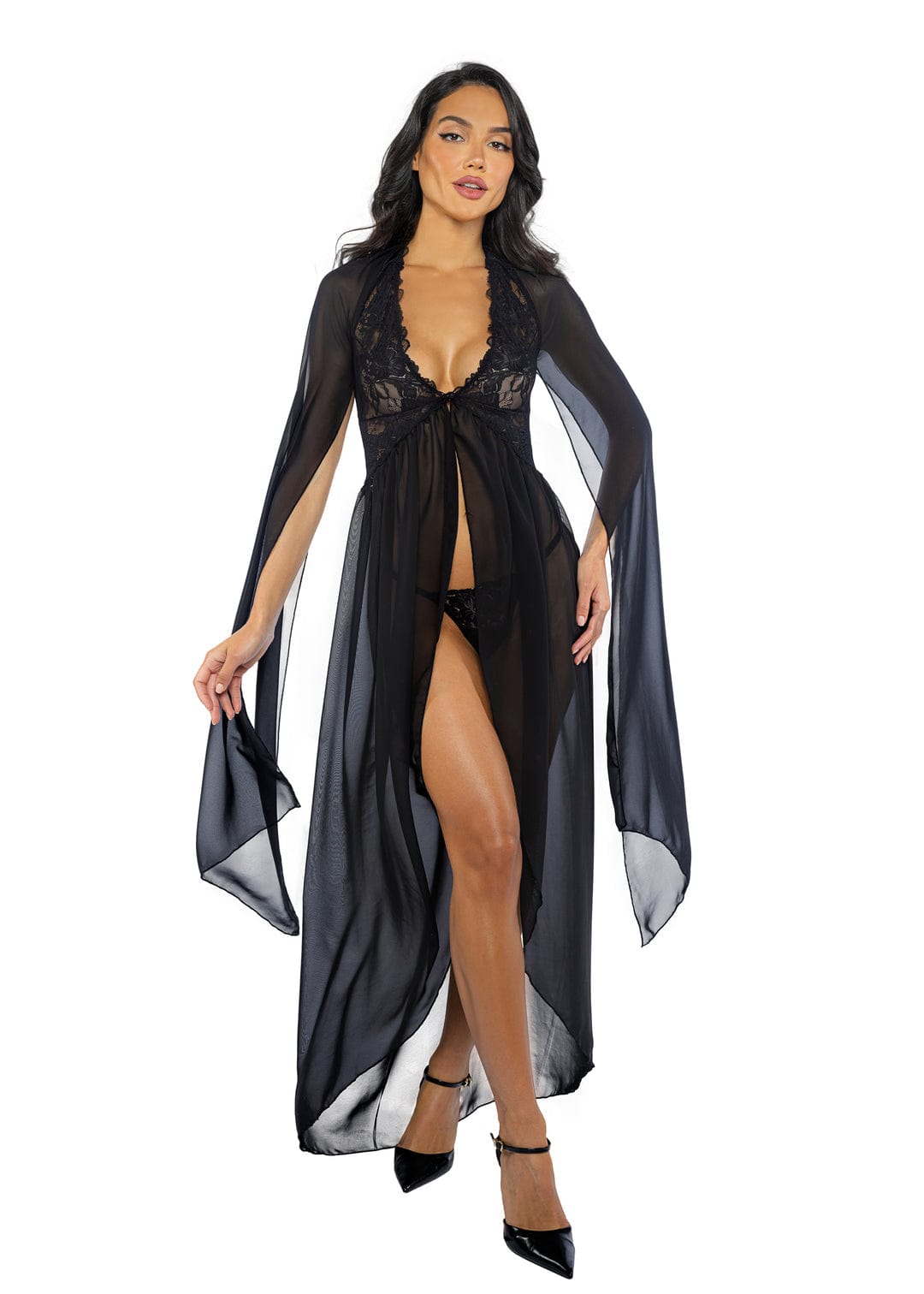 Roma Black / Small 2 Pc Black Floral Lace &amp; Chiffon Capelette Maxi Robe &amp; Thong Panty Lingerie LI768-Blk-S 2024 Sexy Black Lace &amp; Chiffon Maxi Robe &amp; Thong Panty Lingerie Apparel &amp; Accessories &gt; Clothing &gt; Underwear &amp; Socks &gt; Lingerie