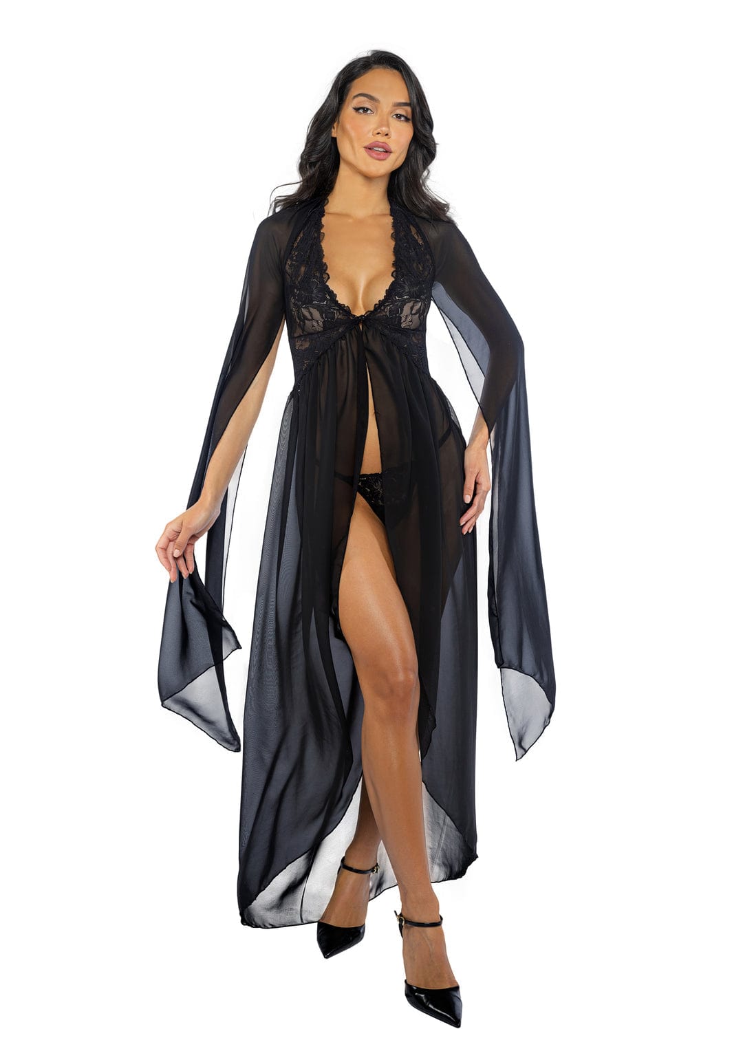 Sexy Black Lace & Chiffon Maxi Robe Thong Panty Women's Lingerie Sexy Black Lace & Chiffon Maxi Robe Thong Panty Women's Lingerie