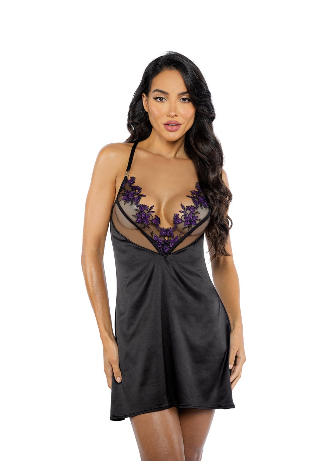 Women's Sexy Black Embroidered Lace Satin Sleep Chemise Lingerie Women's Sexy Black Embroidered Lace Satin Sleep Chemise Lingerie