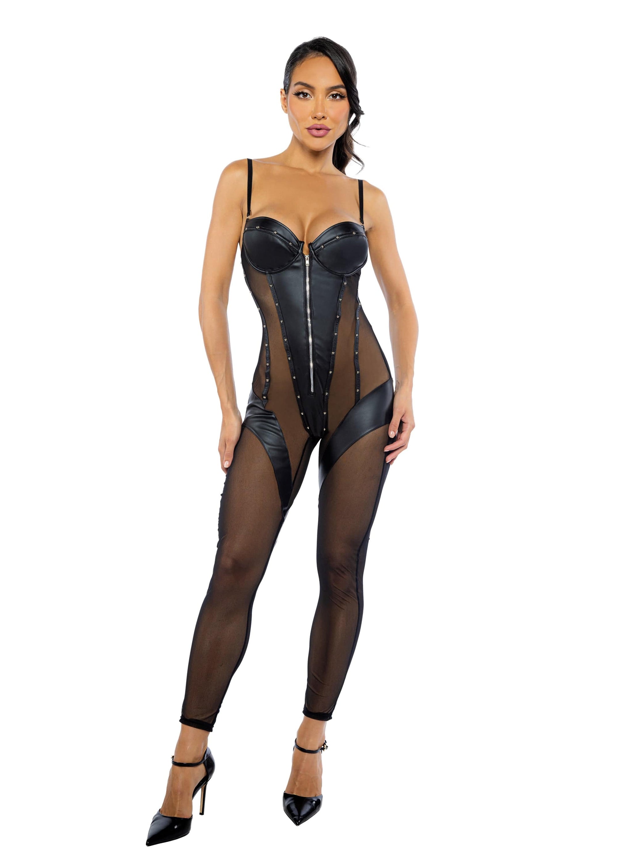 Roma Black / Small Black Leather & Mesh Balconette Cup Catsuit Jumpsuit Lingerie LI704-Blk-S 2024 Sexy Leather & Mesh Balconette Cup Catsuit Jumpsuit Lingerie Apparel & Accessories > Clothing > Underwear & Socks > Lingerie