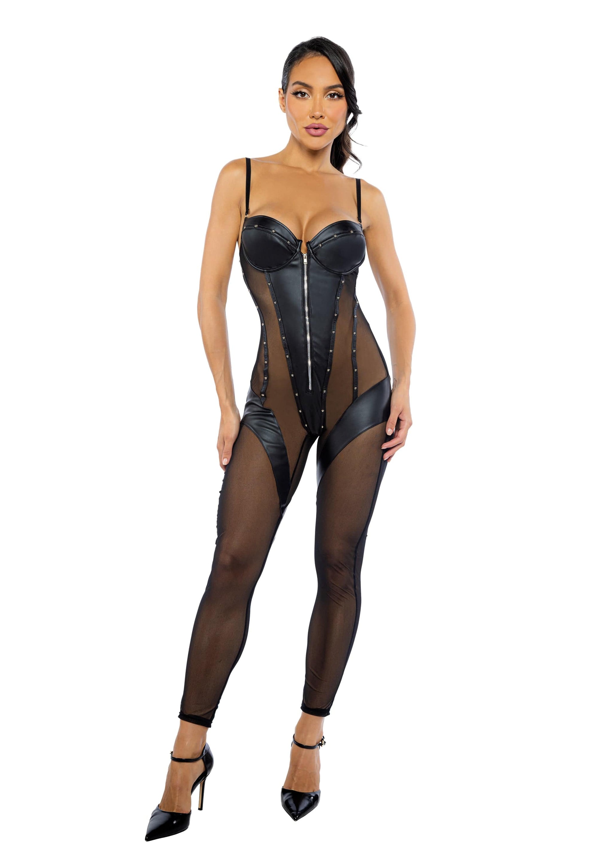 Sexy Leather & Mesh Balconette Cup Catsuit Jumpsuit Rave Wear Sexy Leather & Mesh Balconette Cup Catsuit Jumpsuit Rave Wear