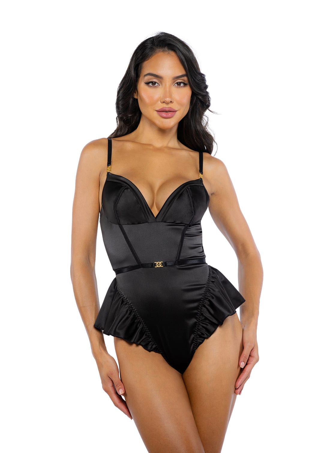 Roma Black / Small Green Stretch Satin Ruffle Peplum Thong Romper Lingerie LI757-Blk-S 2024 Sexy Green Stretch Satin Ruffle Peplum Thong Romper Lingerie Apparel &amp; Accessories &gt; Clothing &gt; Underwear &amp; Socks &gt; Lingerie