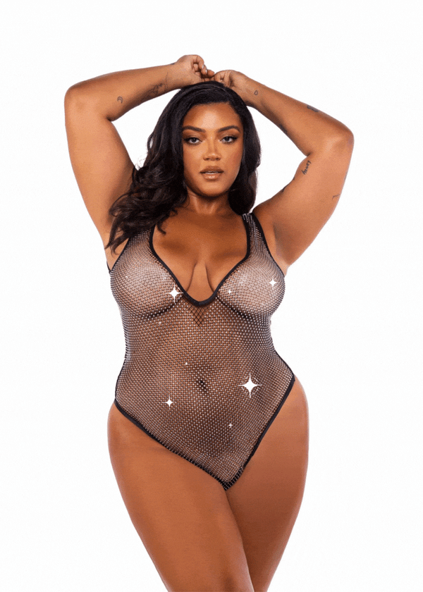 Roma Black / XS/S Plus Size Black Crystal Diamond Rhinestone Fishnet Plunge Neck Thong Teddy Lingerie LI755-Blk-XS/S Sexy Black Pink Rhinestone Fishnet Thong Teddy Women's Lingerie Apparel & Accessories > Clothing > Underwear & Socks > Lingerie