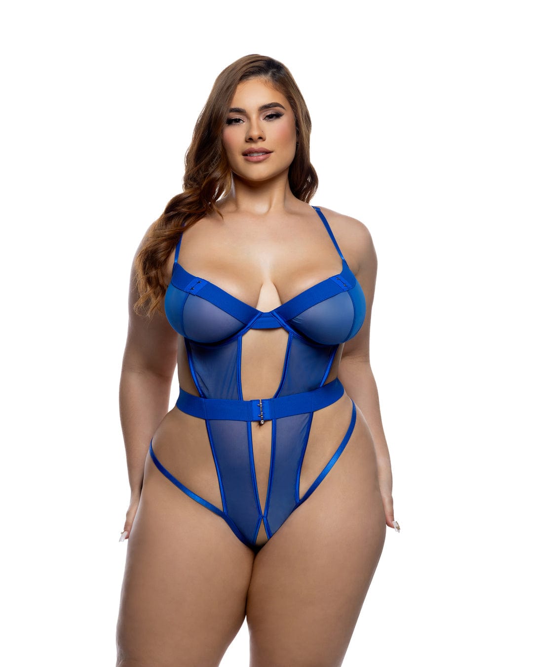Roma Blue / 1X Blue Elastic Mesh Balconette Cup Crotchless Thong Teddy Lingerie (Plus Size Available) Sexy Blue Twilight Floral Eyelash Lace Thong Teddy Lingerie Apparel & Accessories > Clothing > Underwear & Socks > Lingerie