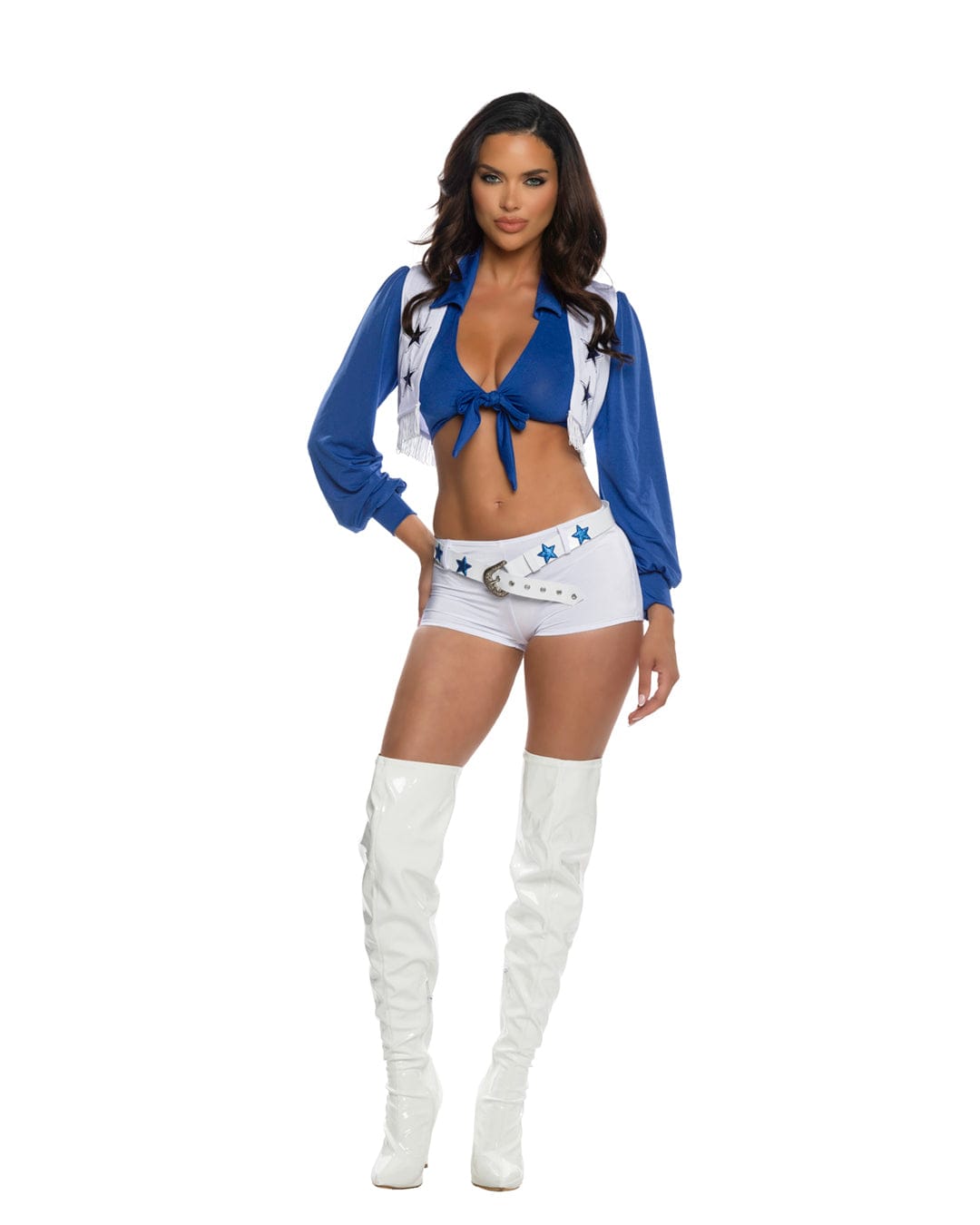 Roma Blue &amp; White Dallas Tease Knit Long-sleeve Croptop, Shorts, Faux Leather Belt &amp; Vest Cosplay Costume Sexy Blue White Crop Top, Shorts, Belt &amp; Vest Cosplay Costume Apparel &amp; Accessories &gt; Clothing &gt; Underwear &amp; Socks &gt; Lingerie