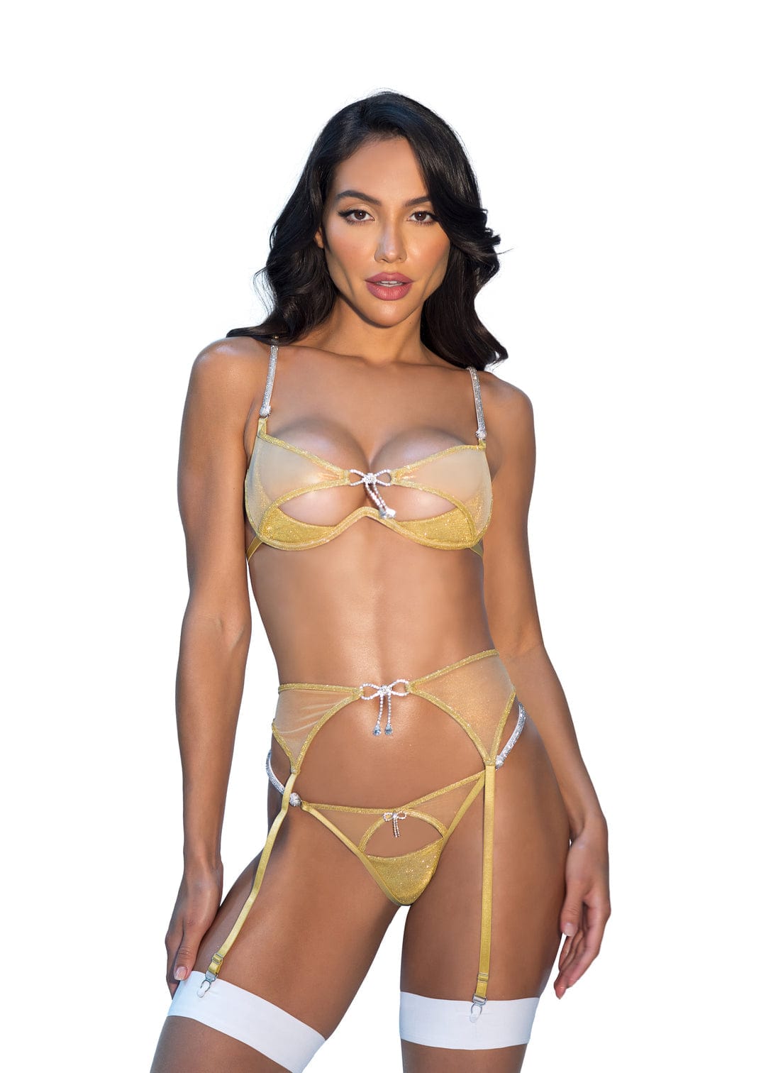 Roma Gold / Extra Small 3 Pc Gold Lurex Yarn knit &amp; Metallic Shimmer Mesh Bra, Garter belt &amp; Thong Lingerie LI726-Gold-XS 2024 Sexy Gold Lurex knit &amp; Metallic Mesh Bra, Belt &amp; Thong Teddy Apparel &amp; Accessories &gt; Clothing &gt; Underwear &amp; Socks &gt; Lingerie