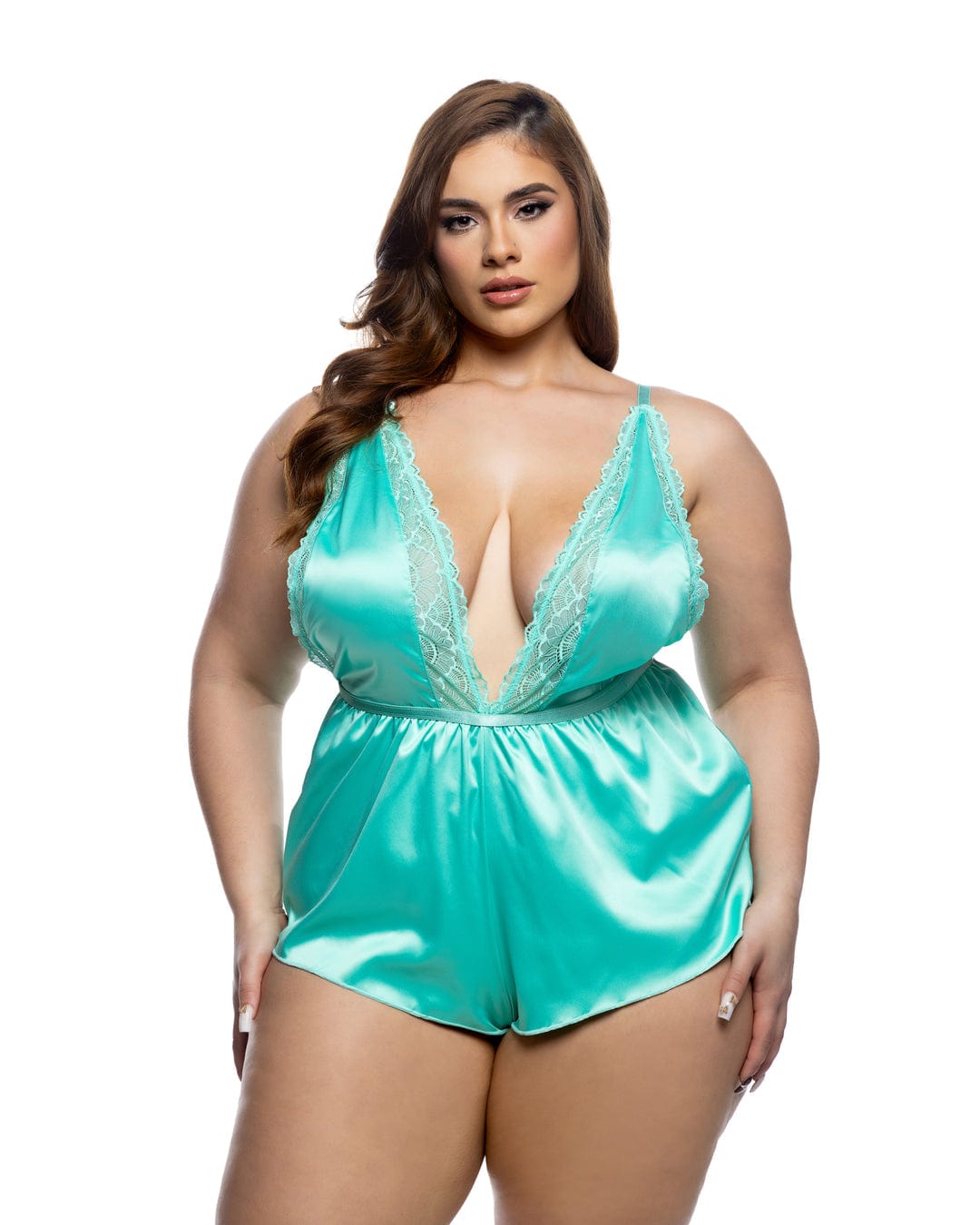 Roma Green / Small Green Floral Lace Satin Deep Plunge Halter Brazilian Teddy Lingerie (Plus Size Available) LI791-Mint-S Green Lace Satin Deep Plunge Halter Brazilian Teddy Lingerie Apparel & Accessories > Clothing > Underwear & Socks > Lingerie