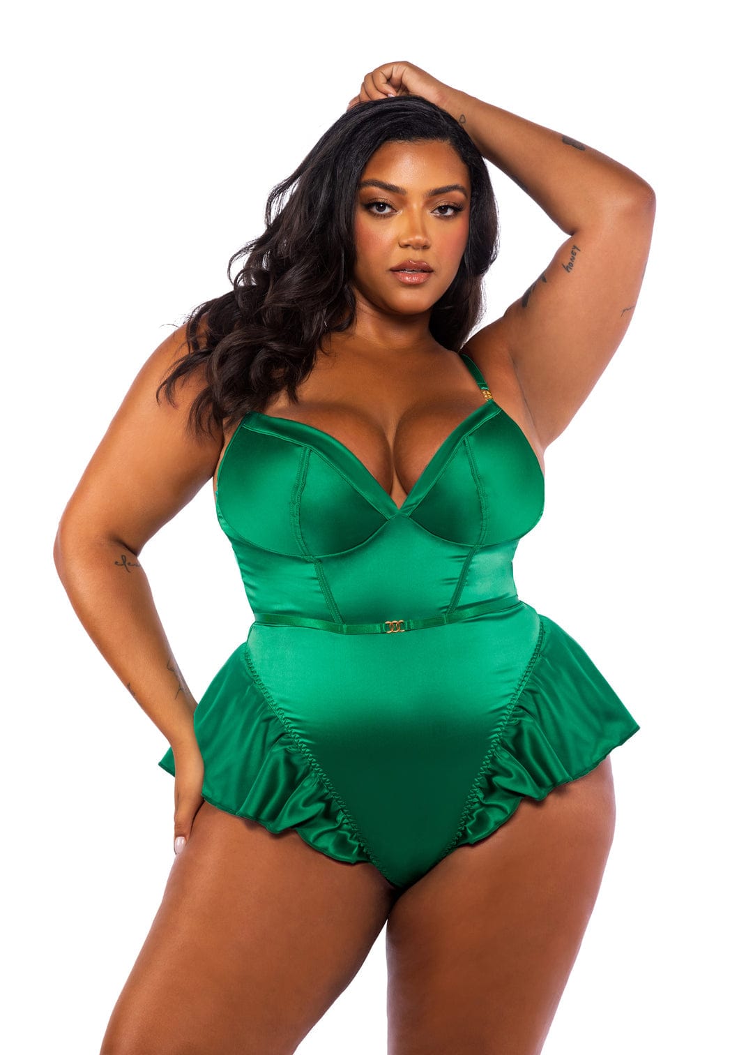 Roma Green / 1X Green Stretch Satin Ruffle Peplum Thong Romper Lingerie LI757Q-EG-1X 2024 Sexy Green Stretch Satin Ruffle Peplum Thong Romper Lingerie Apparel &amp; Accessories &gt; Clothing &gt; Underwear &amp; Socks &gt; Lingerie