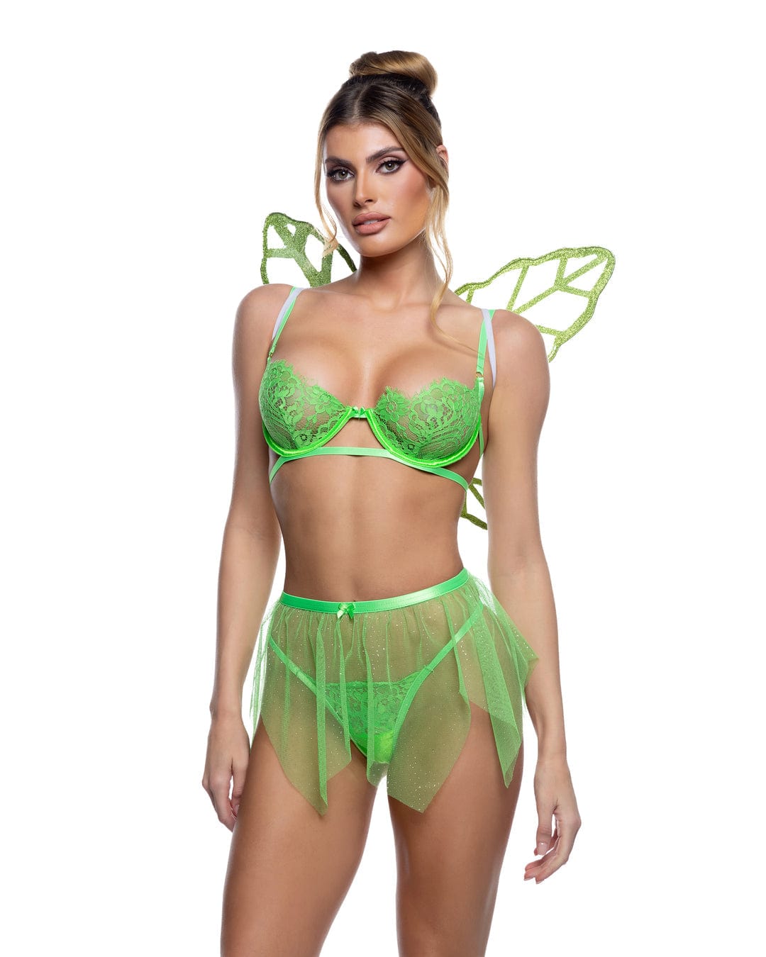 Roma Green / Extra Small Green Pixie Floral Eyelash Lace Underwire Bra, G-String Thong & Glitter Mesh Skirt Costume Lingerie LI815-Green-XS Green Floral Eyelash Lace Bra, Thong & Skirt Costume Lingerie Apparel & Accessories > Clothing > Underwear & Socks > Lingerie