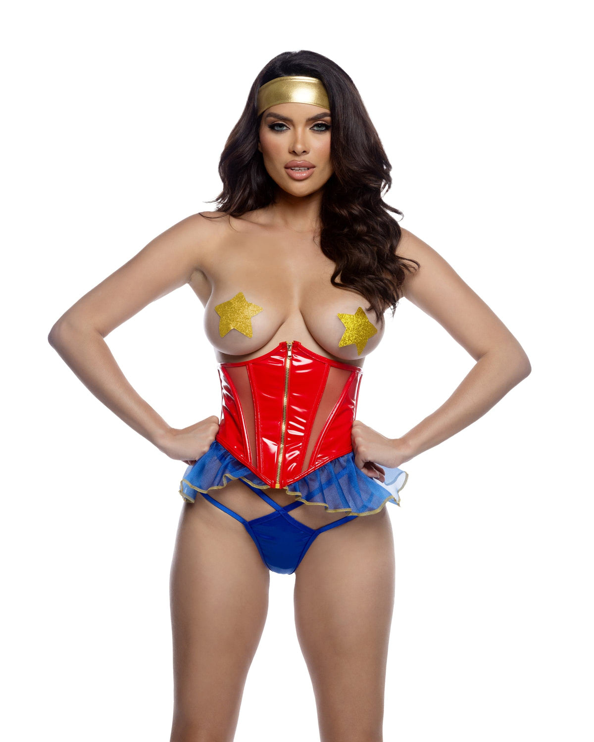 Roma Multi / Extra Small Wonder Woman Red Leather Mesh Waspie Corset, Blue G-String Thong, Gold Glitter Pasties &amp; Foil Headband Costume Lingerie Set LI811-BRG-XS Sexy Red Corset, Thong, Gold Pasties &amp; Headband Costume Set Apparel &amp; Accessories &gt; Clothing &gt; Underwear &amp; Socks &gt; Lingerie