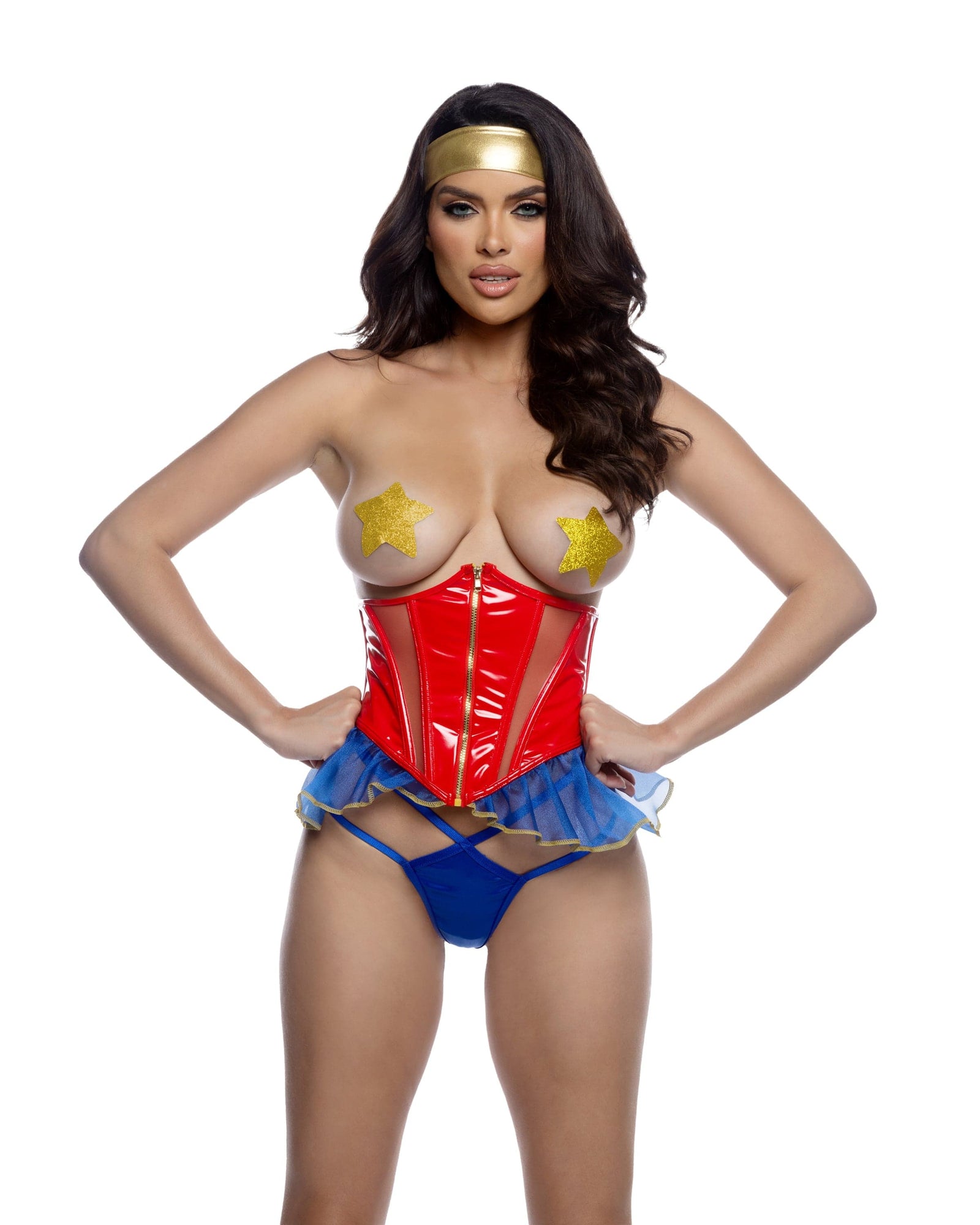 Roma Multi / Extra Small Wonder Woman Red Leather Mesh Waspie Corset, Blue G-String Thong, Gold Glitter Pasties & Foil Headband Costume Lingerie Set LI811-BRG-XS Sexy Red Corset, Thong, Gold Pasties & Headband Costume Set Apparel & Accessories > Clothing > Underwear & Socks > Lingerie