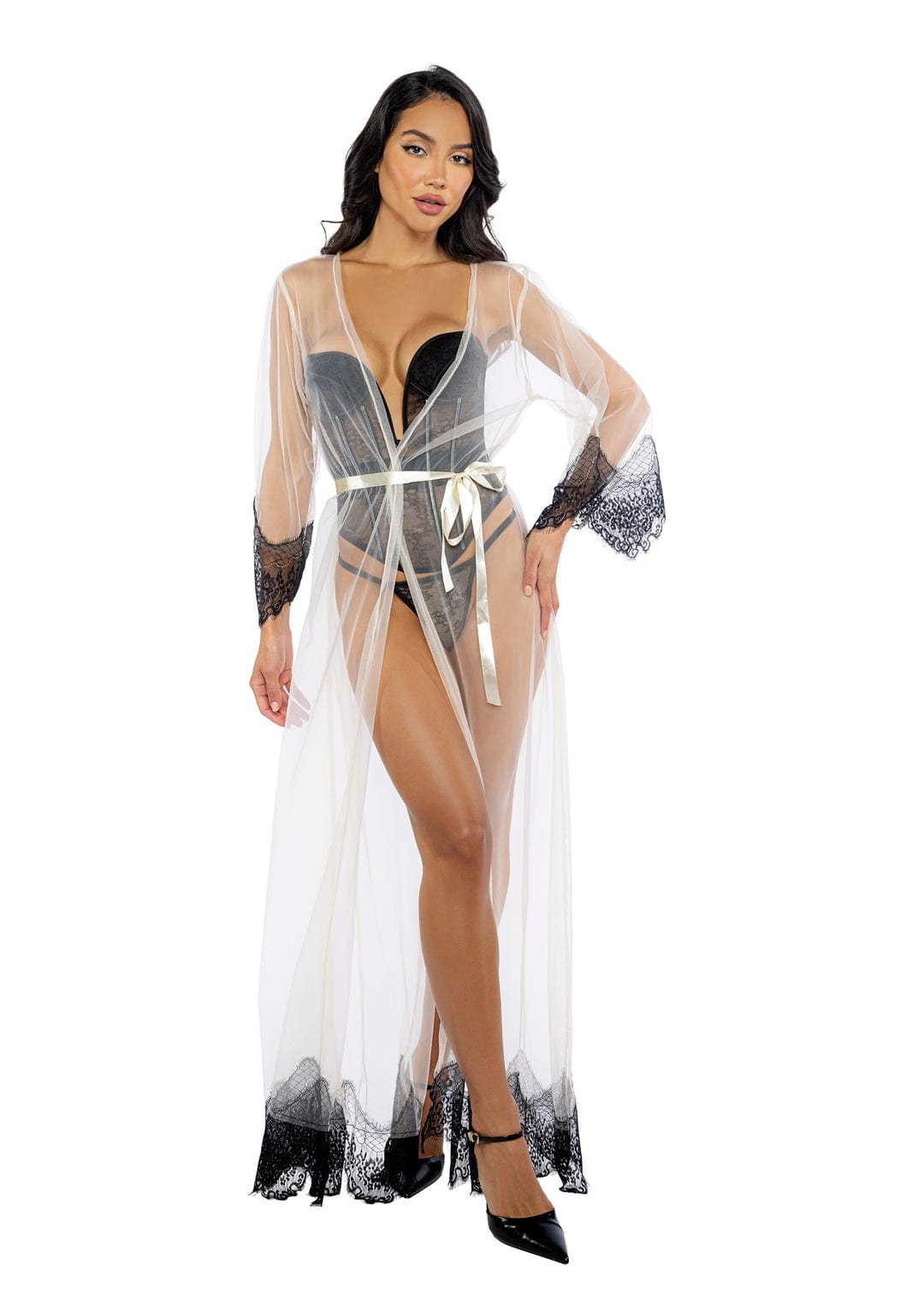 Sexy Plus Size Black Eyelash Lace & Mesh Satin Maxi Robe Lingerie Sexy Plus Size Black Eyelash Lace & Mesh Satin Maxi Robe Lingerie
