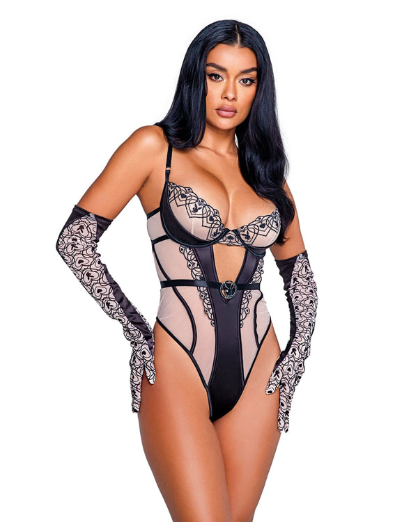 Roma Nude Sheer Mesh Playboy Underwire Top Thong Teddy w/ Logo (Plus Size Available) 2024 Sexy Playboy Pink Sheer Mesh Underwire Thong Teddy Lingerie  Apparel & Accessories > Clothing > Underwear & Socks > Lingerie