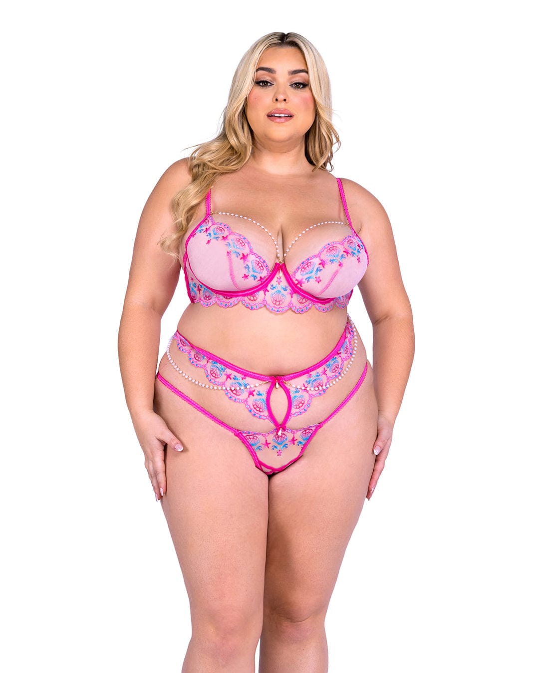 Roma Pink / 1X Pink Sultry Siren Lace &amp; Satin Bra &amp; Highwaisted Thong Lingerie (Plus Size Available) LI696Q-Pink/Multi-1X Sexy Pink Sultry Siren Lace &amp; Satin Bra &amp; Thong Lingerie Apparel &amp; Accessories &gt; Clothing &gt; Underwear &amp; Socks &gt; Lingerie