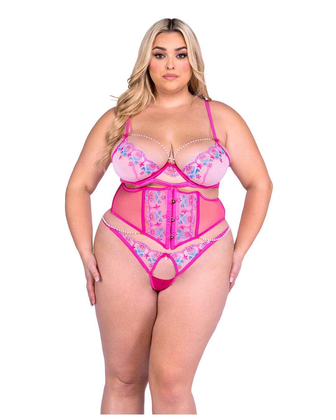 Roma Pink / 1X Pink Sultry Siren Lace &amp; Satin Bra, Waspie Corset &amp; Thong Lingerie (Plus Size Available) LI694Q-Pink/Multi-1X Sexy Pink Lace &amp; Satin Bra, Waspie Corset &amp; Thong Lingerie  Apparel &amp; Accessories &gt; Clothing &gt; Underwear &amp; Socks &gt; Lingerie