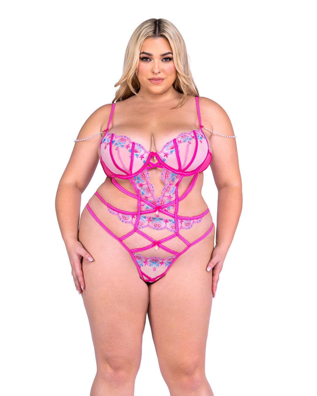 Roma Pink / 1X Pink Sultry Siren Lace &amp; Satin Thong Teddy Lingerie (Plus Size Available) LI693Q-Pink/Multi-1X Sexy Pink Sultry Siren Lace &amp; Satin Thong Teddy Lingerie  Apparel &amp; Accessories &gt; Clothing &gt; Underwear &amp; Socks &gt; Lingerie