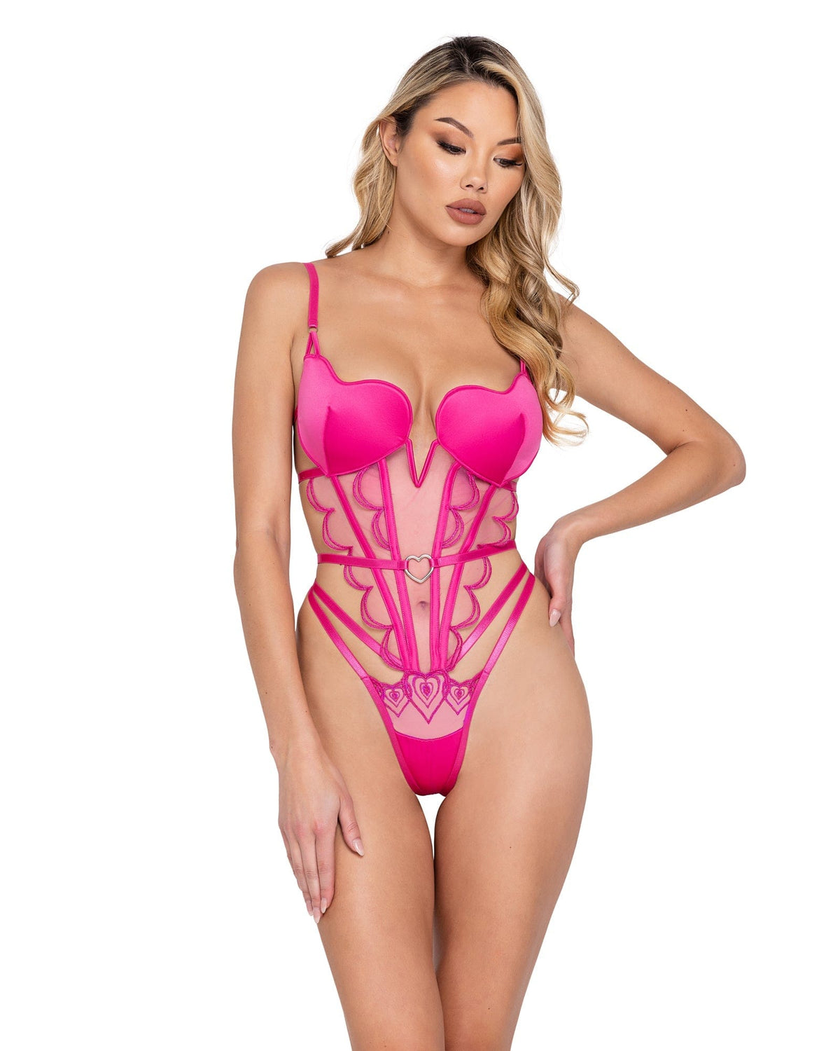 Roma Pink / Extra Small Bubblegum Metallic Lace Heart Cup Teddy Lingerie LI627-Pink-XS 2023 Sexy 2 Pc Bubblegum Satin Heart Cup Short Set Lingerie Apparel &amp; Accessories &gt; Clothing &gt; Underwear &amp; Socks &gt; Lingerie