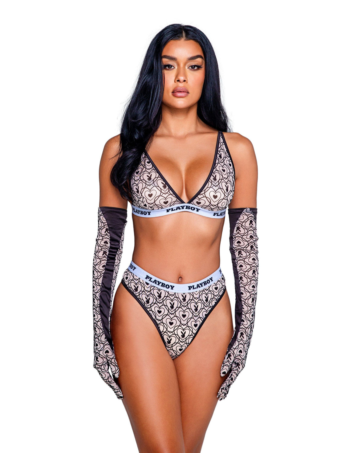 Roma Pink Mesh Satin Playboy Print Bralette &amp; High Waisted Thong Set (Plus Size Available) 2024 Sexy Playboy Pink Sheer Mesh Underwire Thong Teddy Lingerie  Apparel &amp; Accessories &gt; Clothing &gt; Underwear &amp; Socks &gt; Lingerie