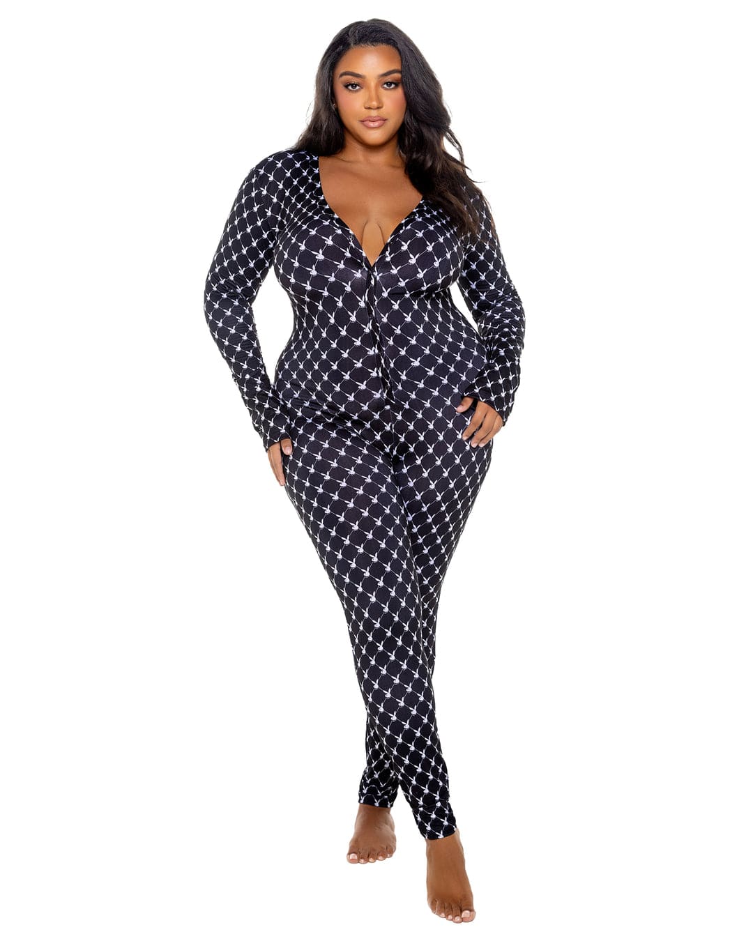 Roma Print / 1X/2X Black Playboy Bunny Diamond Print Open Butt Flap Jumpsuit (Plus Size Available) PBLI173Q-Blk/Wht-1X/2X 2024 Sexy Black Playboy Bunny Print Rear Burn Flap Jumpsuit Lingerie Apparel &amp; Accessories &gt; Clothing &gt; Underwear &amp; Socks &gt; Lingerie