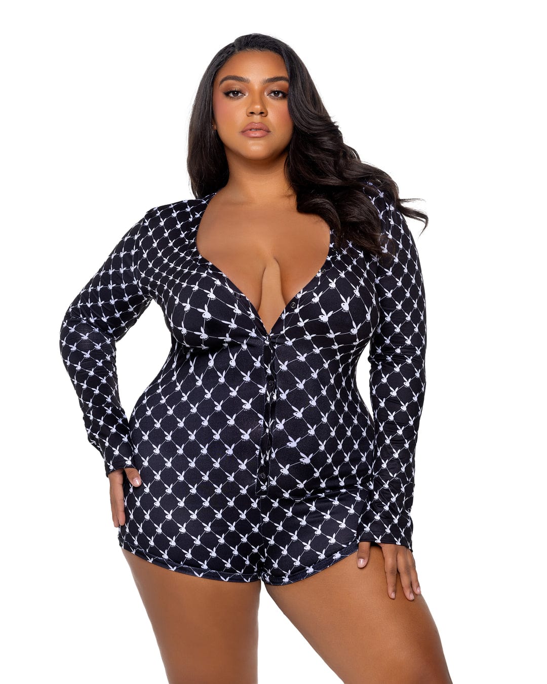 Roma Print / 1X/2X Black Playboy Bunny Diamond Print Open Butt Flap Romper (Plus Size Available) PBLI174-Blk/Wht-1X/2X 2024 Sexy Black Playboy Bunny Print Rear Burn Flap Romper Lingerie Apparel &amp; Accessories &gt; Clothing &gt; Underwear &amp; Socks &gt; Lingerie