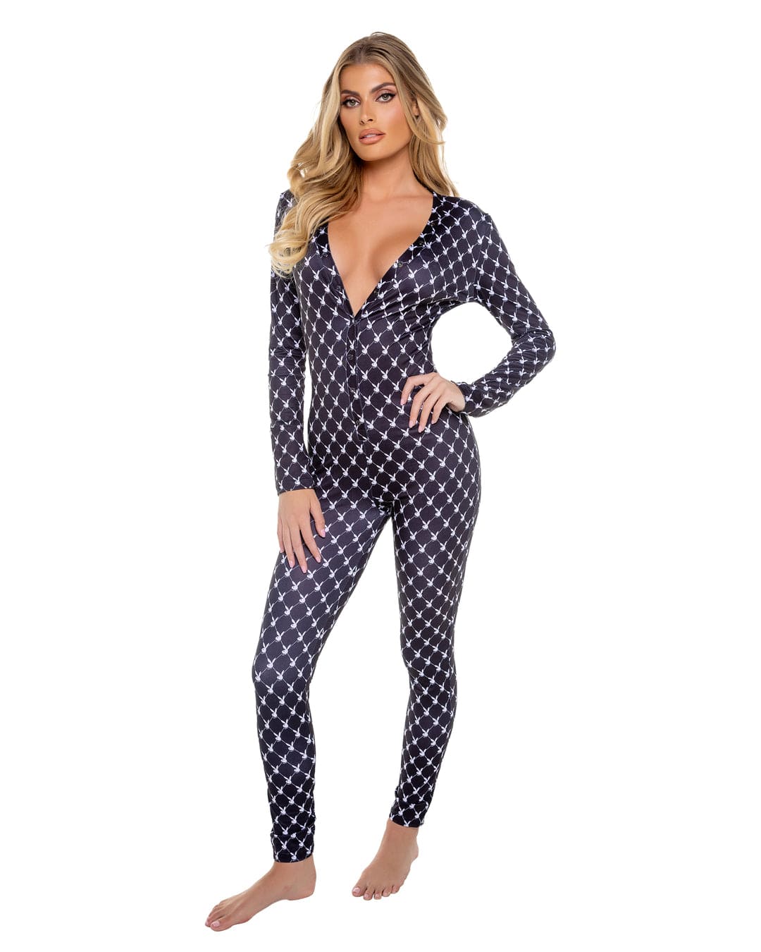 Roma Print / EXTRA SMALL Black Playboy Bunny Diamond Print Open Butt Flap Jumpsuit (Plus Size Available) PBLI173-Blk/Wht-XS 2024 Sexy Black Playboy Bunny Print Rear Burn Flap Jumpsuit Lingerie Apparel &amp; Accessories &gt; Clothing &gt; Underwear &amp; Socks &gt; Lingerie