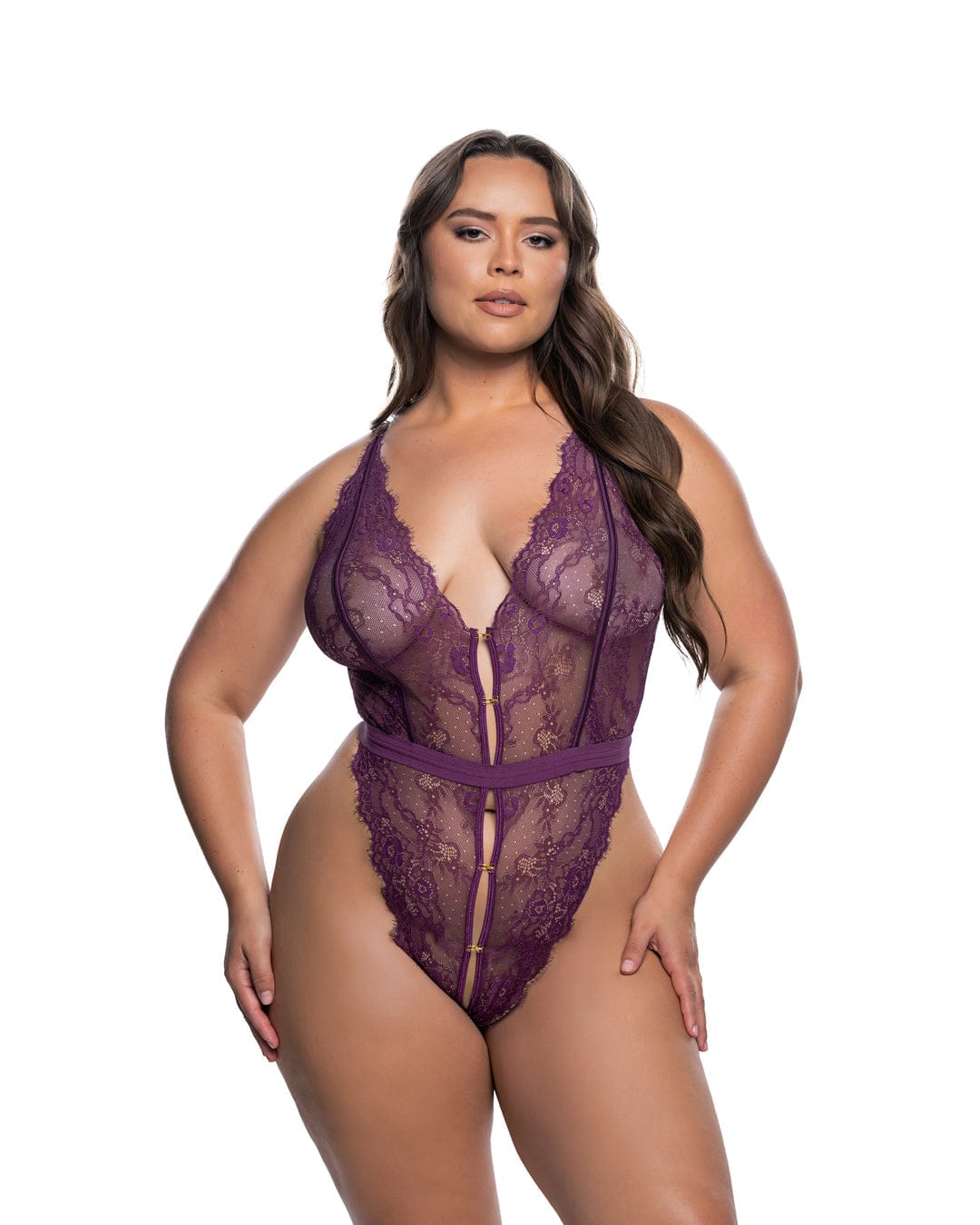 Roma Purple / 1X/2X Purple Fetish Floral Eyelash Lace Satin Deep Plunge Thong Teddy Lingerie (Plus Size Available) LI864Q-PP-1X/2X Purple Eyelash Lace Satin Deep Plunge Thong Teddy Lingerie Apparel & Accessories > Clothing > Underwear & Socks > Lingerie