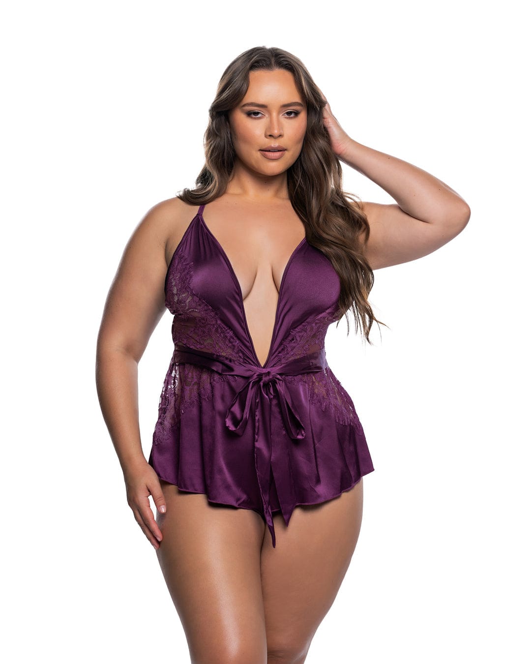 Roma Purple / 1X/2X Purple Moonlight Satin Floral Lace Deep Plunge Flare Romper Lingerie (Plus Size Available) LI867Q-PP-1X/2X Purple Satin Floral Lace Deep Plunge Flare Romper Lingerie Apparel & Accessories > Clothing > Underwear & Socks > Lingerie
