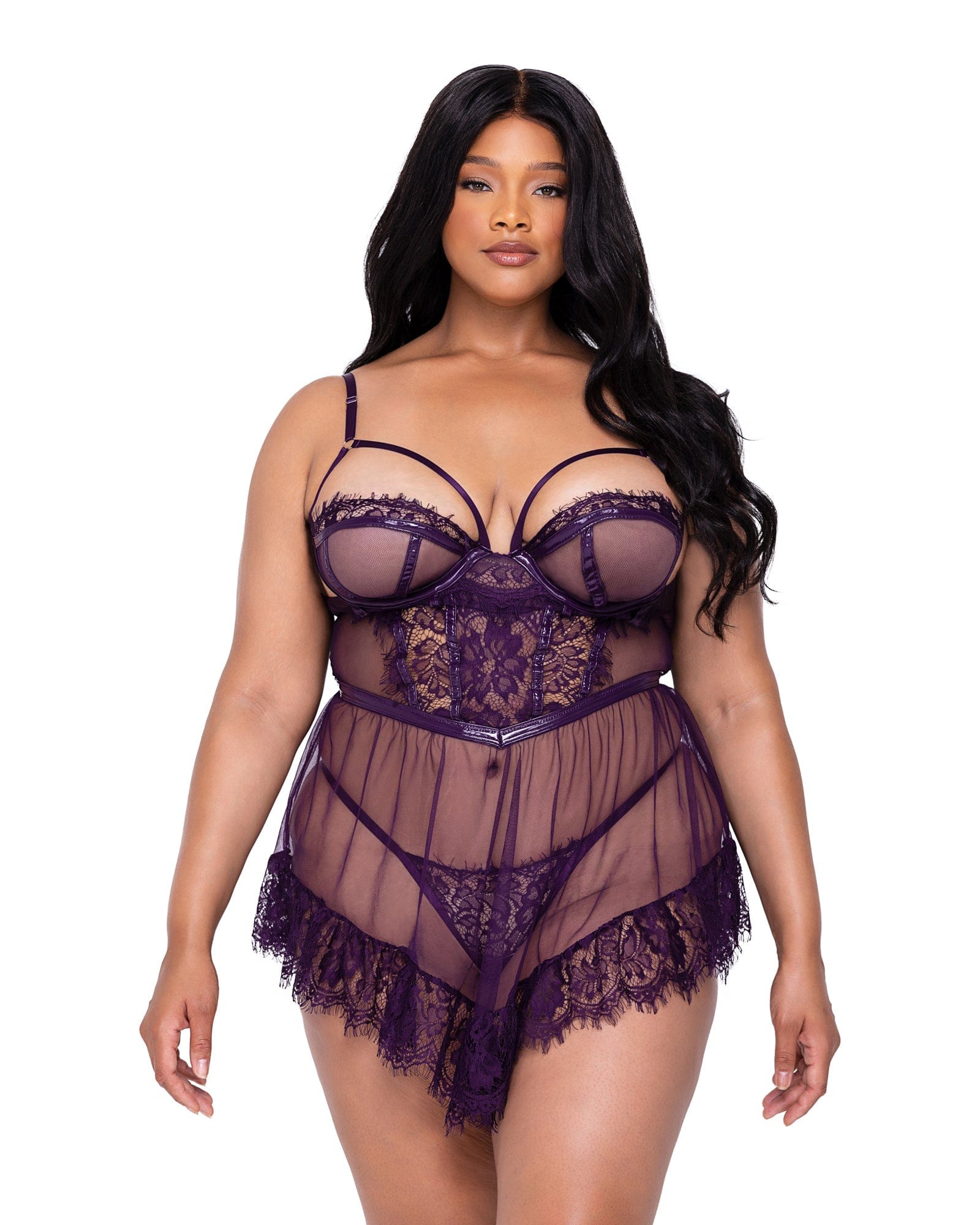 Abito Babydoll In Pizzo Viola Donna Sexy Lingerie Con Maniche Lunghe Regalo