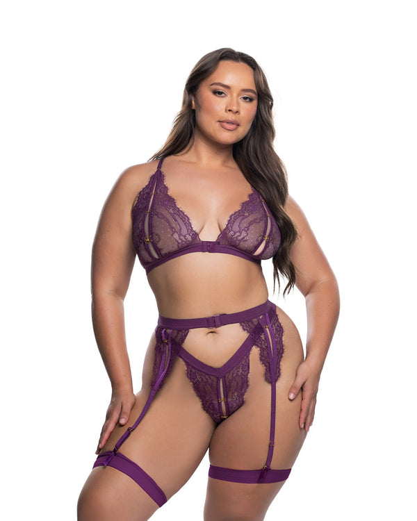 Roma Purple Fetish Floral Eyelash Wave Lace Satin Halter Bra, Thong Panty & Garter Belt Lingerie Purple Eyelash Lace Satin Deep Plunge Thong Teddy Lingerie Apparel & Accessories > Clothing > Underwear & Socks > Lingerie