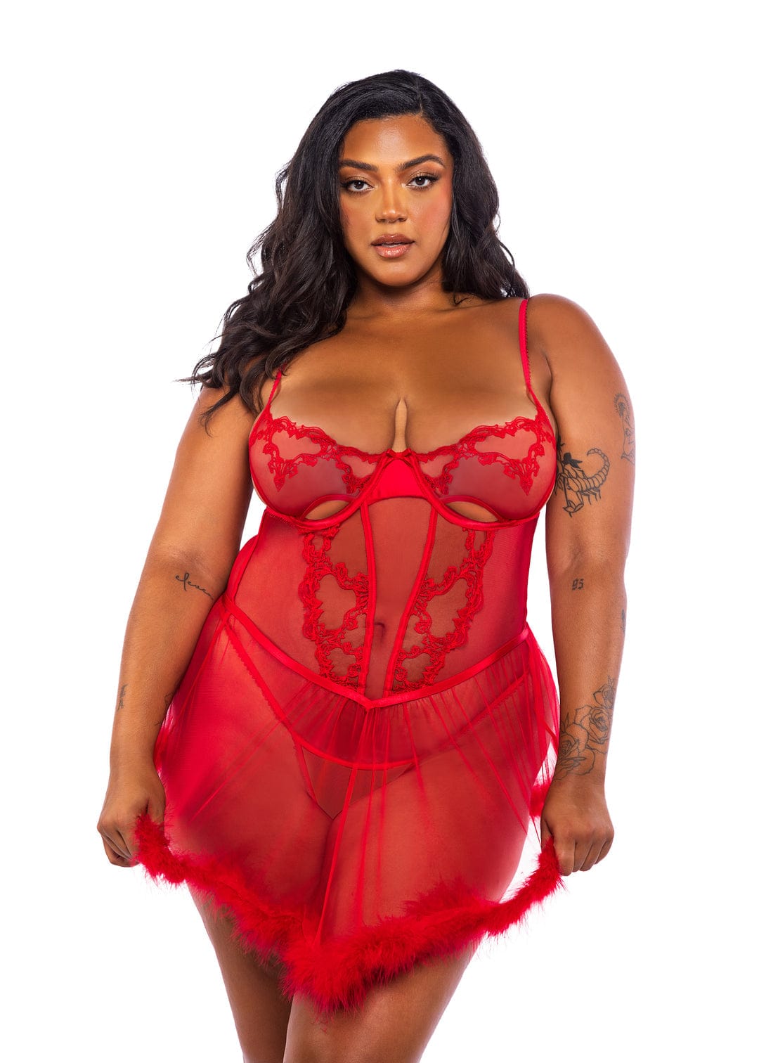 babydoll lingery dress Plus Size Sexy Red Lace Satin Hem Babydoll Thong Panty Lingerie