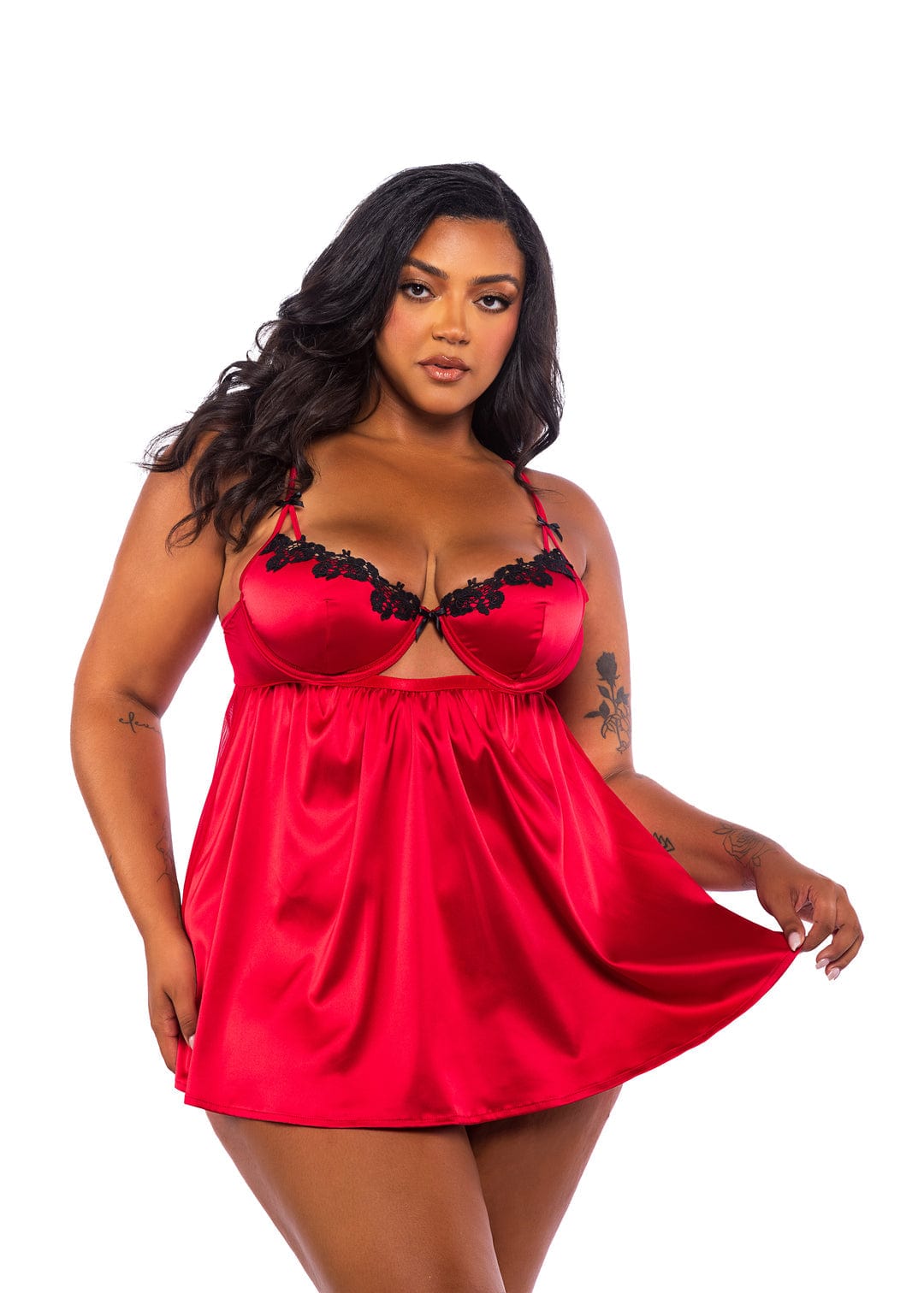 Roma Red / 1X 2 Pc Plus Size Red Venise Lace Trim & Stretch Satin Babydoll & Thong Lingerie LI758Q-Red-1X 2024 Sexy Red Lace Trim & Satin Babydoll & Thong Lingerie Apparel & Accessories > Clothing > Underwear & Socks > Lingerie