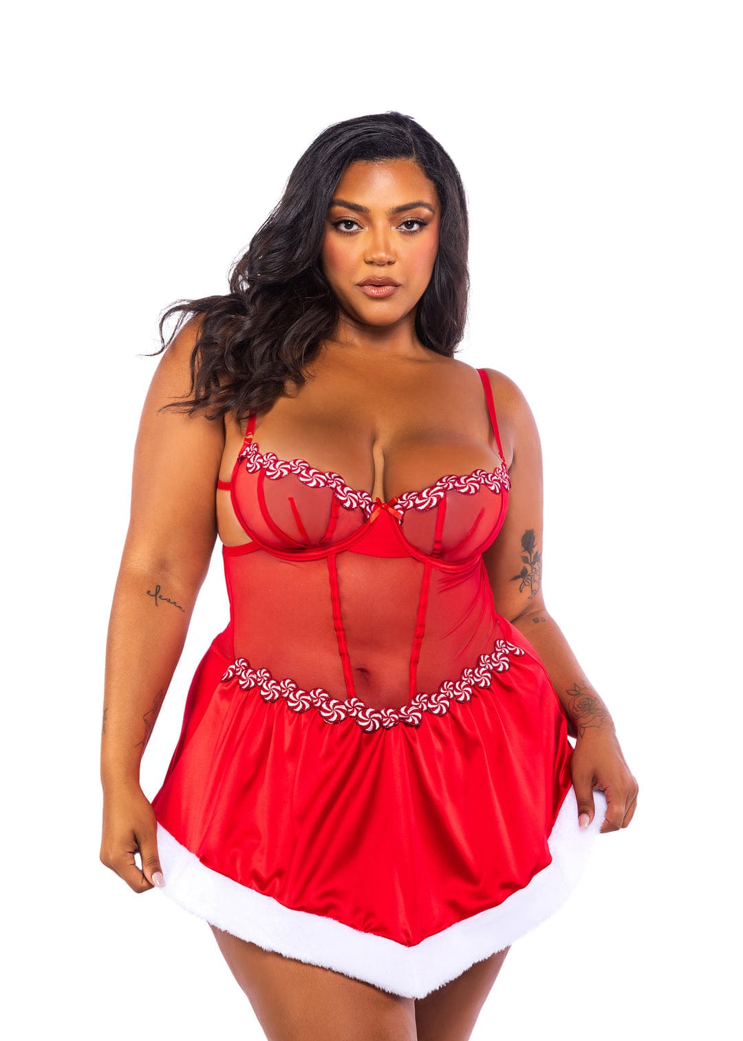 Plus Size Red Candy Trim Mesh Satin Fur Skirt Babydoll Lingerie Plus Size Red Candy Trim Mesh Satin Fur Skirt Babydoll Lingerie