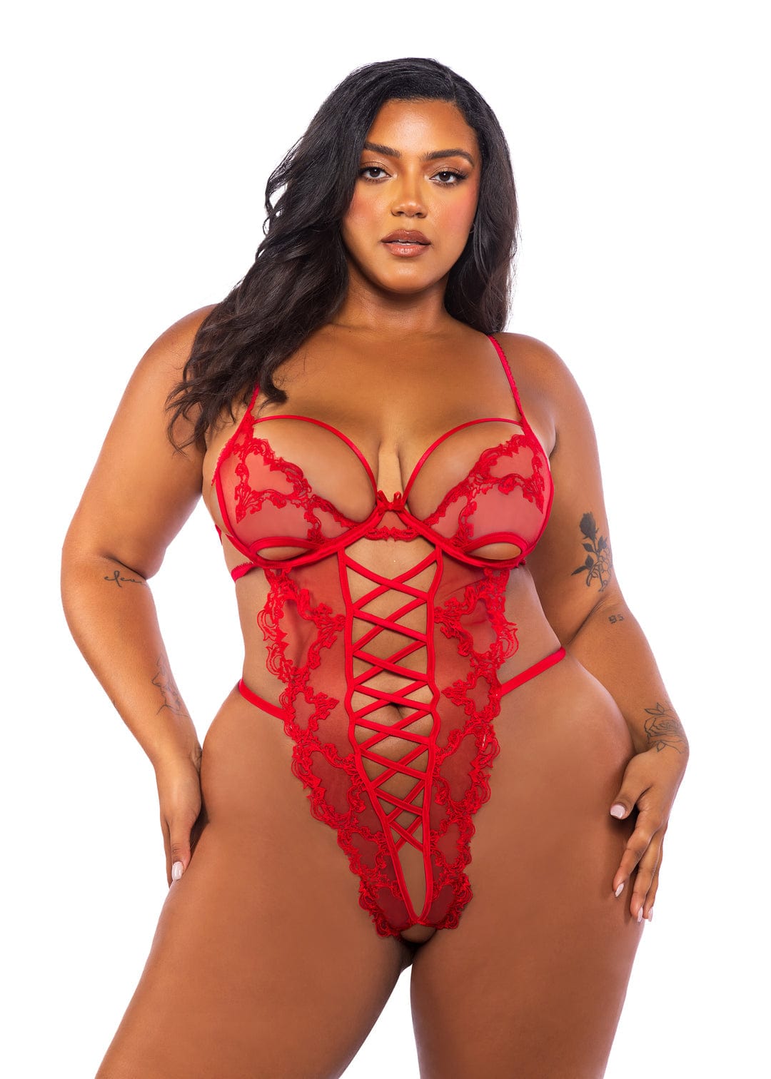 Roma Red / 1X Plus Size Red Embroidered Lace &amp; Satin Crotchless G-string Teddy Lingerie LI717Q-Red-1X 2024 Sexy Red Lace &amp; Satin Crotchless G-string Teddy Lingerie Apparel &amp; Accessories &gt; Clothing &gt; Underwear &amp; Socks &gt; Lingerie