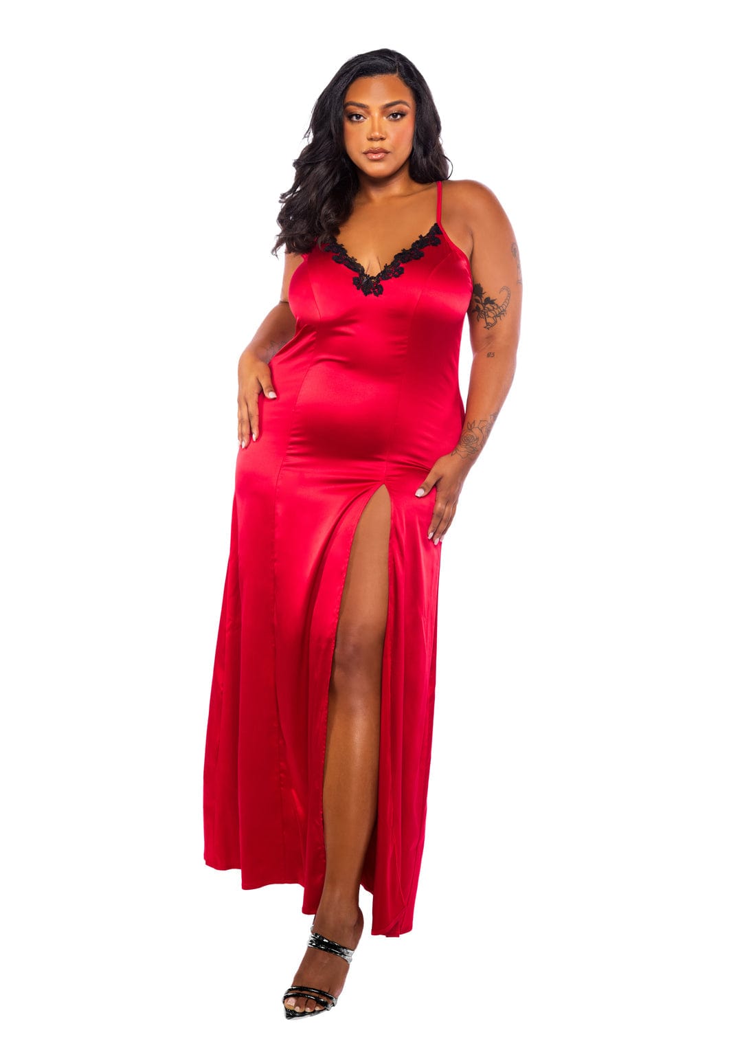 Roma Red / 1X Plus Size Red Venise Lace Trim &amp; Stretch Satin Flare Skirt Nightgown Lingerie LI743Q-Red-1X 2024 Sexy Red Lace Trim &amp; Satin Flare Skirt Nightgown Lingerie Apparel &amp; Accessories &gt; Clothing &gt; Underwear &amp; Socks &gt; Lingerie