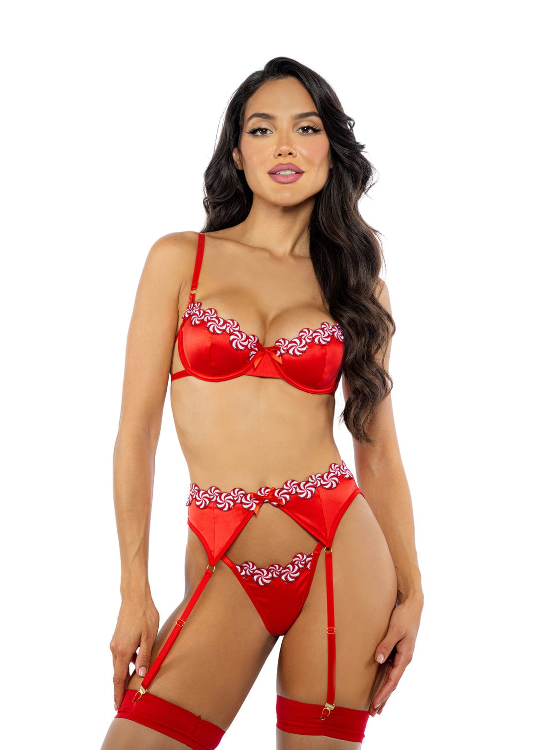 Roma Red / Extra Small 3 Pc Plus Size Red Candy Trim w/ Mesh Satin Bra, Garter Belt &amp; Thong Lingerie LI762-Red-XS 2024 Sexy Red Candy Mesh Satin Bra, Garter Belt &amp; Thong Lingerie Apparel &amp; Accessories &gt; Clothing &gt; Underwear &amp; Socks &gt; Lingerie