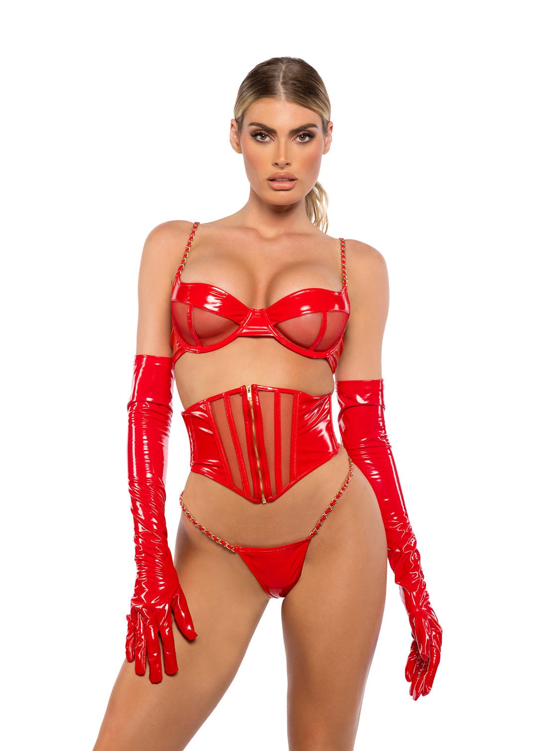 Roma Red / Extra Small 3 Pc Plus Size Red Faux Leather &amp; Mesh Bra, Waspie Corset &amp; Thong Panty Lingerie LI748-Red-XS 2024 Sexy Red Leather &amp; Mesh Bra, Corset &amp; Thong Panty Lingerie Apparel &amp; Accessories &gt; Clothing &gt; Underwear &amp; Socks &gt; Lingerie