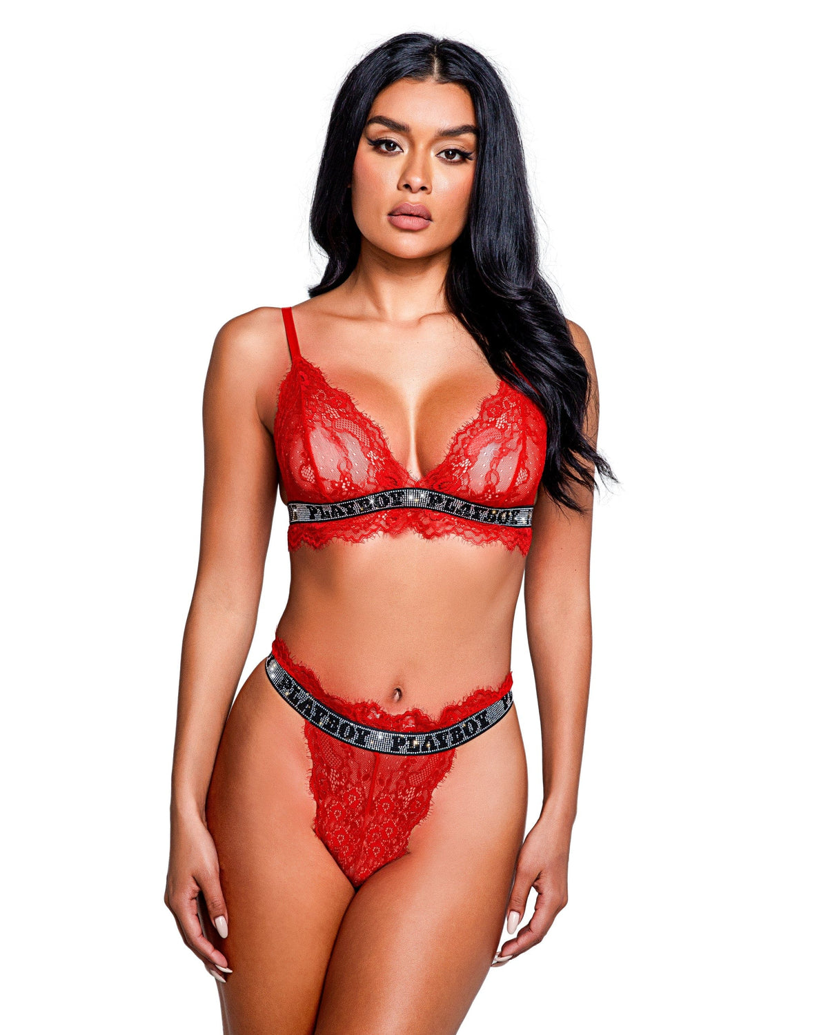 Roma Red Floral Lace Playboy Starlet Bralette &amp; High Waisted Thong Set (Plus Size Available) 2024 Sexy Red Mesh Satin Playboy Cage Underwire Thong Lingerie  Apparel &amp; Accessories &gt; Clothing &gt; Underwear &amp; Socks &gt; Lingerie