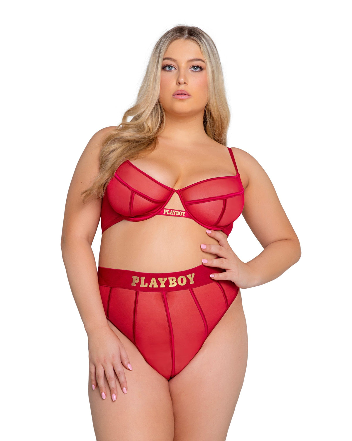 Roma Red Mesh Satin Playboy Cage Underwire Top &amp; High Waisted Thong Set (Plus Size Available) 2024 Sexy Playboy Pink Mesh Bralette High Waist Thong Lingerie  Apparel &amp; Accessories &gt; Clothing &gt; Underwear &amp; Socks &gt; Lingerie