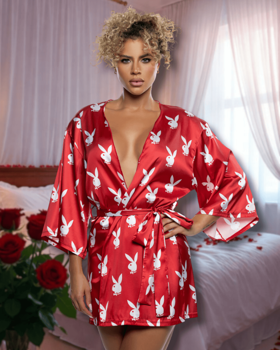 Roma Red / One Size Black Playboy Bunny Chill Bell Sleeve Robe Lounge Lingerie (Plus Size Available) PBLI196-RED/WHT-OS Black Playboy Bunny Chill Bell Sleeve Robe Lounge Lingerie Apparel & Accessories > Clothing > Underwear & Socks > Lingerie