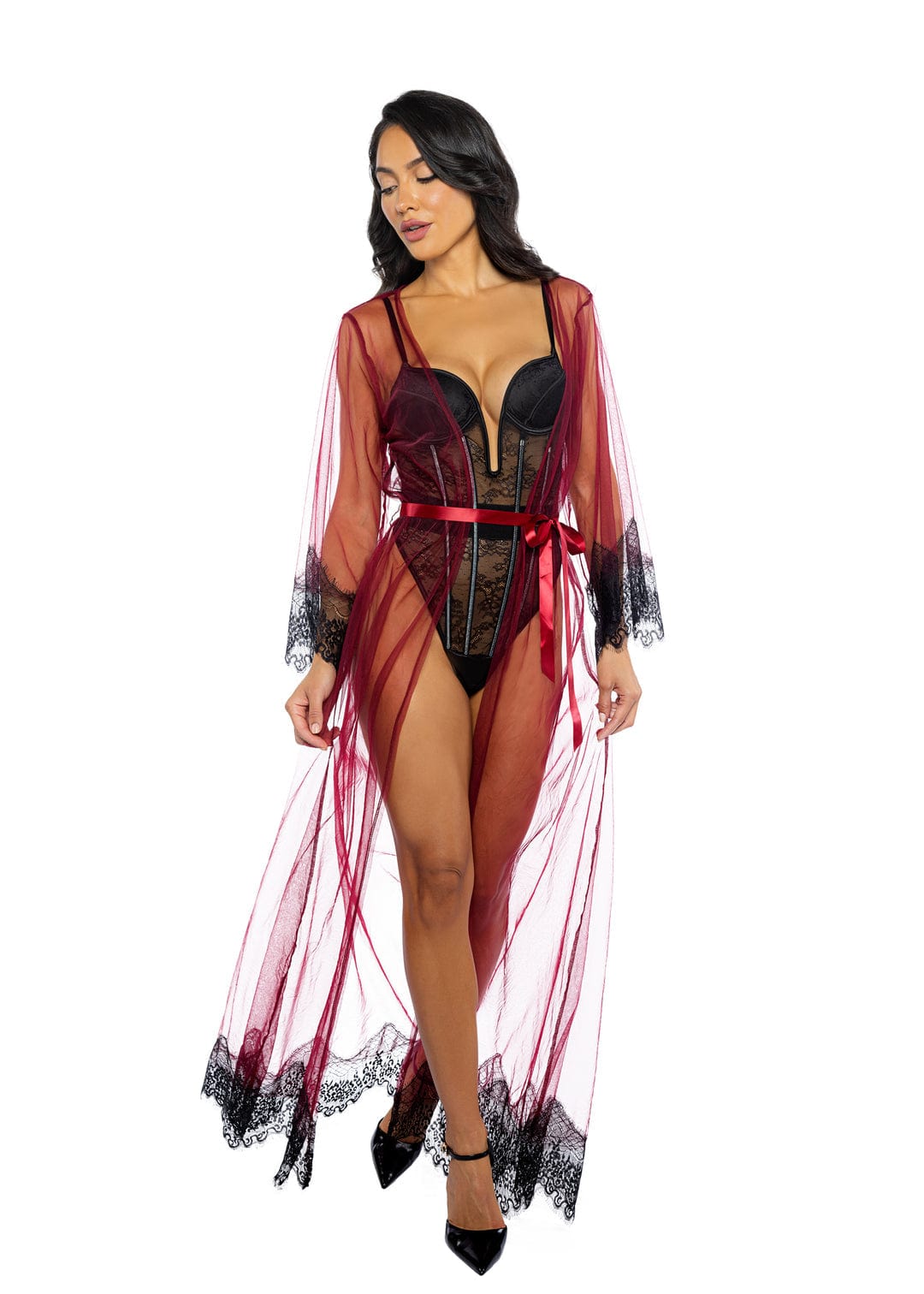 Sexy Plus Size Black Eyelash Lace & Mesh Satin Maxi Robe Lingerie Sexy Plus Size Black Eyelash Lace & Mesh Satin Maxi Robe Lingerie