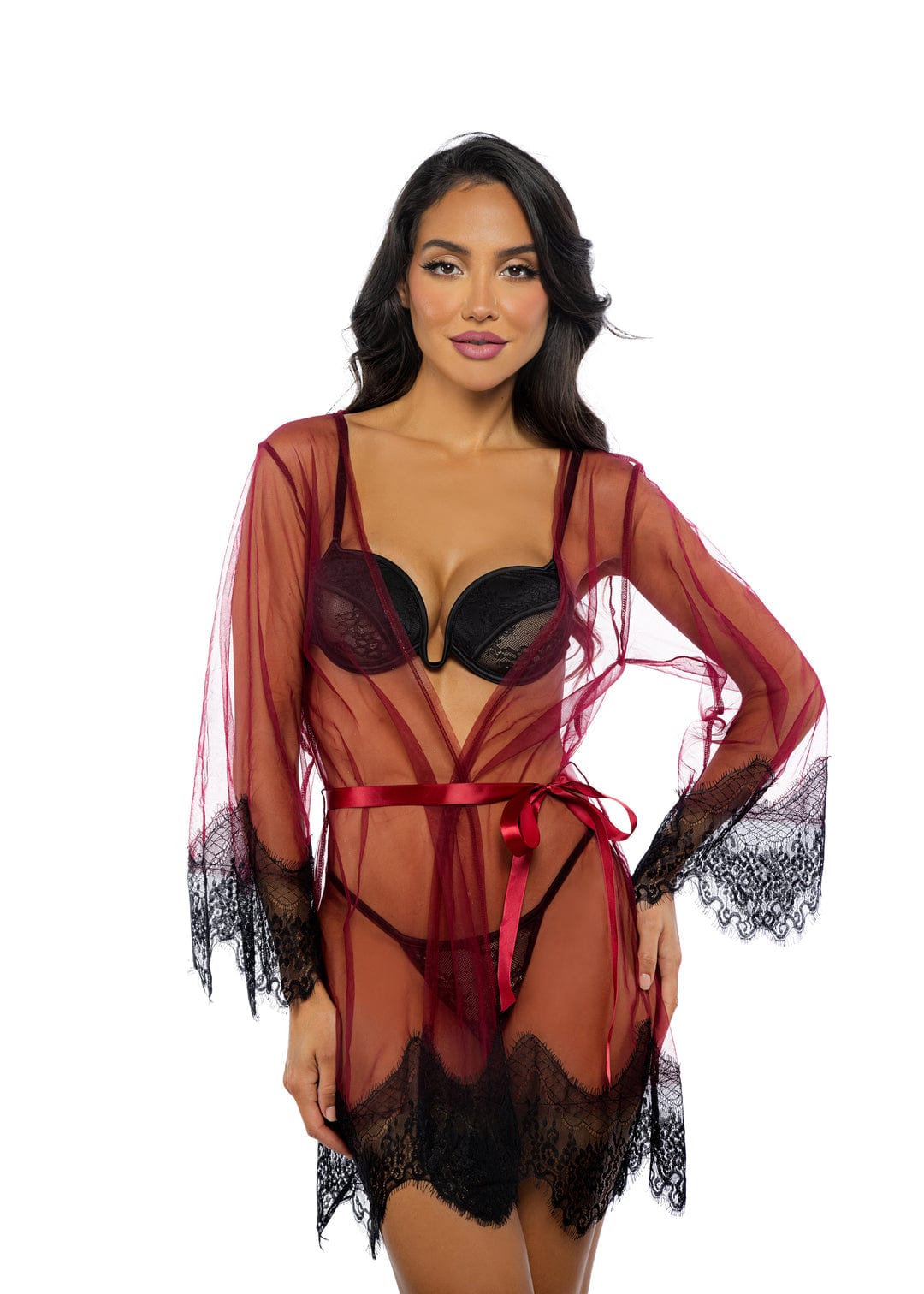 Roma Red / One Size Black Scalloped Eyelash Lace &amp; Mesh Long Sleeve Mini Robe Lingerie LI767-Merlot-O/S 2024 Sexy Black Eyelash Lace &amp; Mesh Satin Mini Robe Lingerie Apparel &amp; Accessories &gt; Clothing &gt; Underwear &amp; Socks &gt; Lingerie